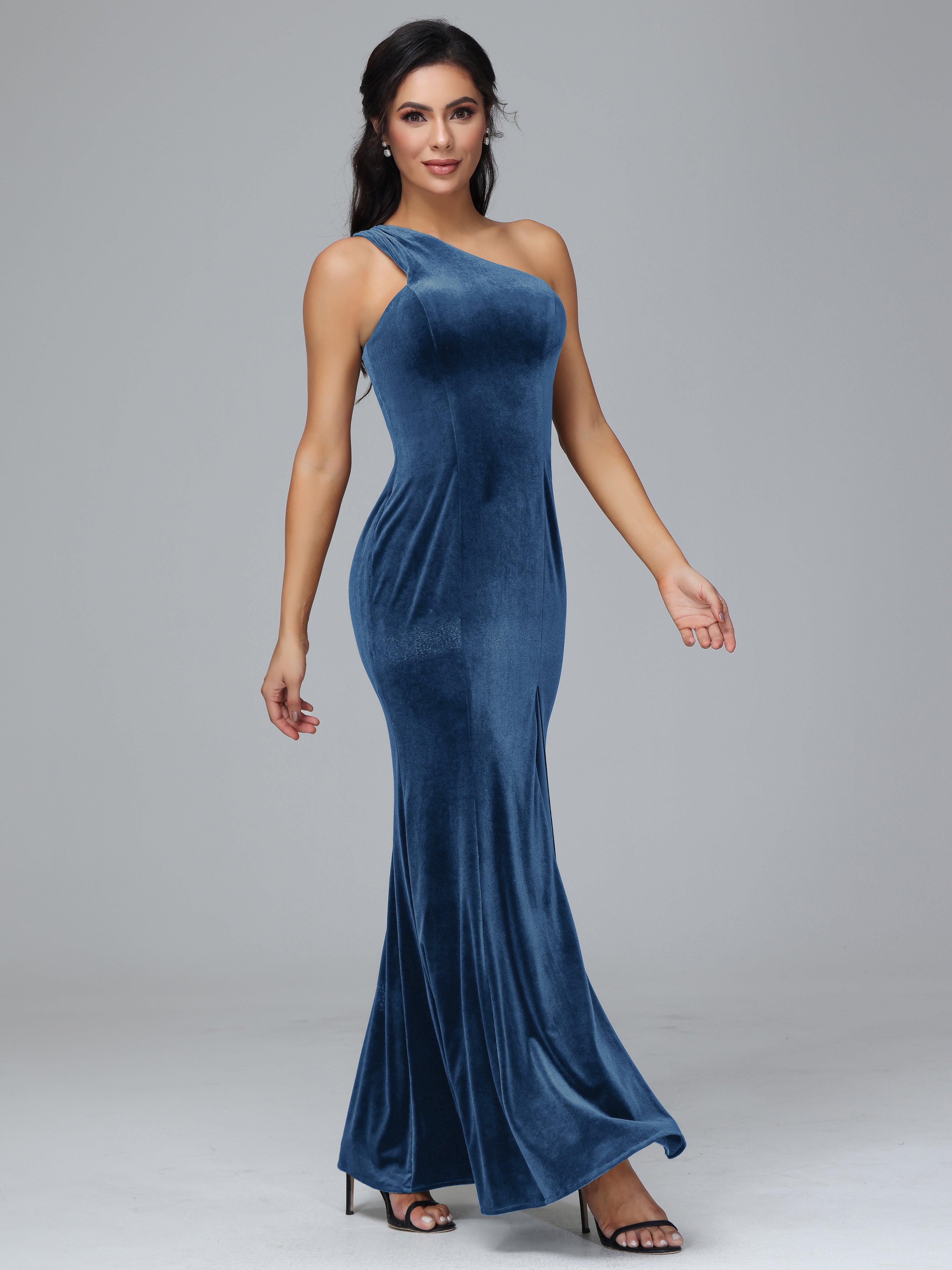 One Shoulder Plus Size Velvet Bridesmaid Dress With Slit