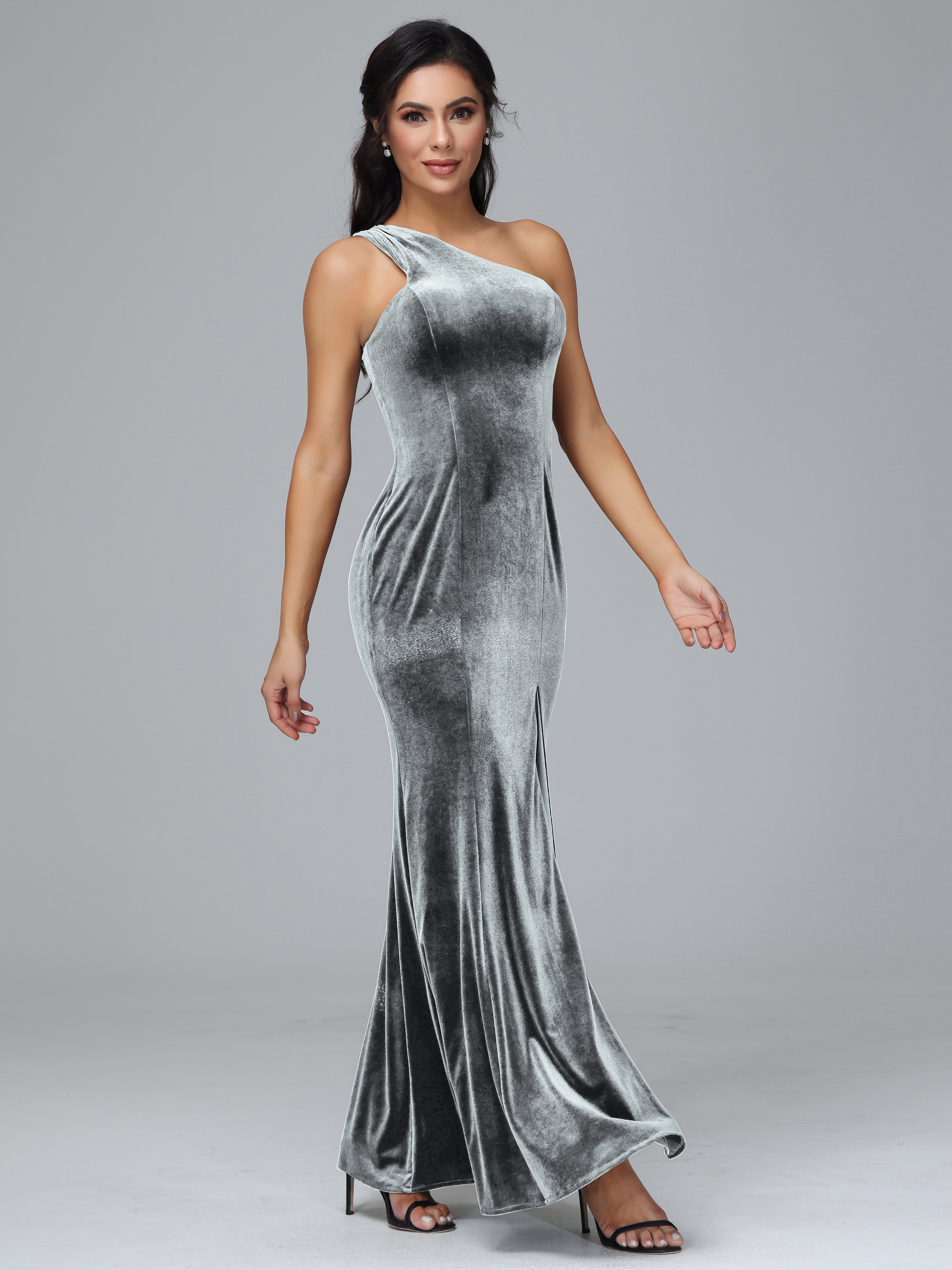 One Shoulder Plus Size Velvet Bridesmaid Dress With Slit