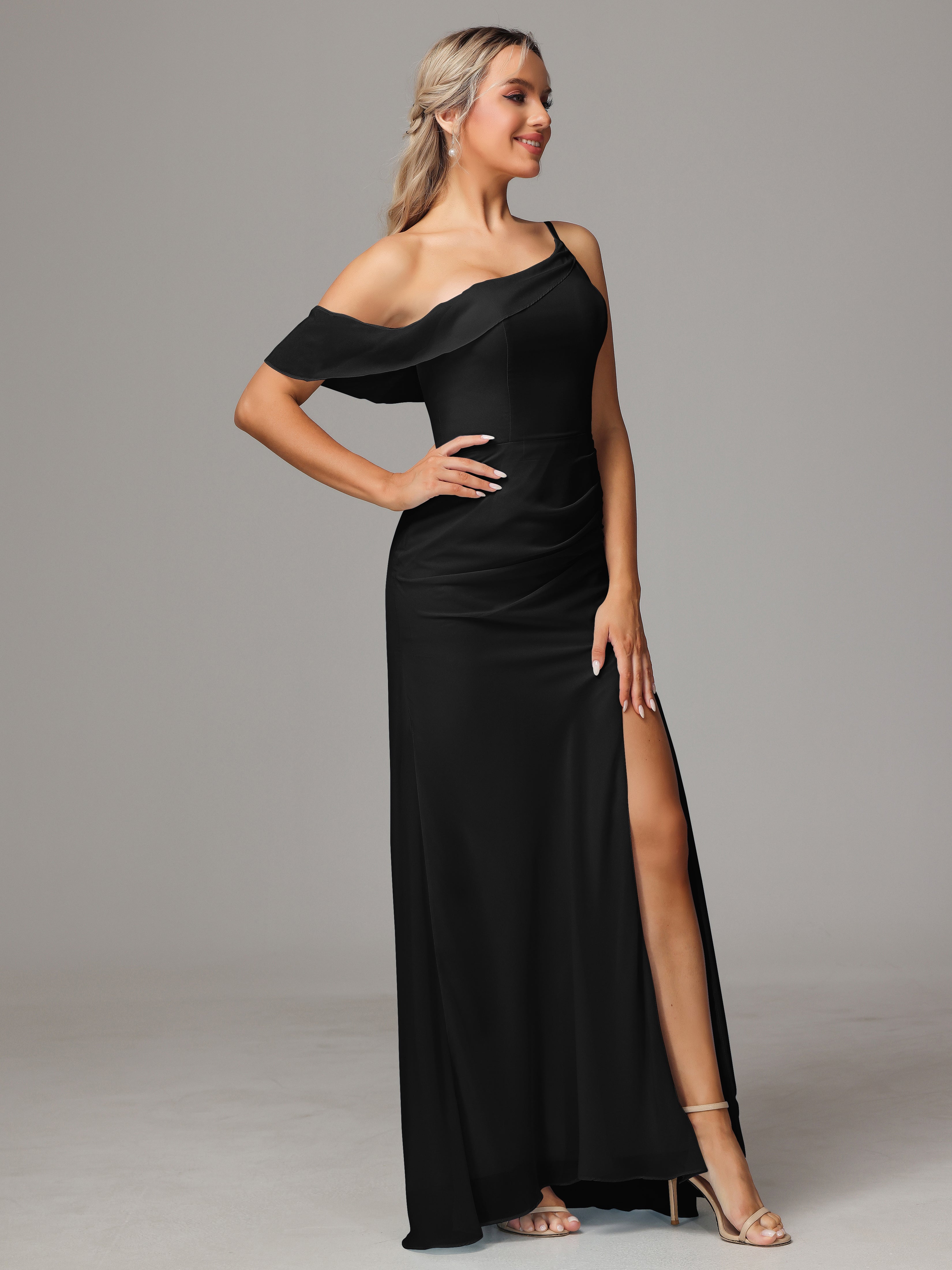 One Shoulder Off The Shoulder Chiffon Wedding Guest Dress