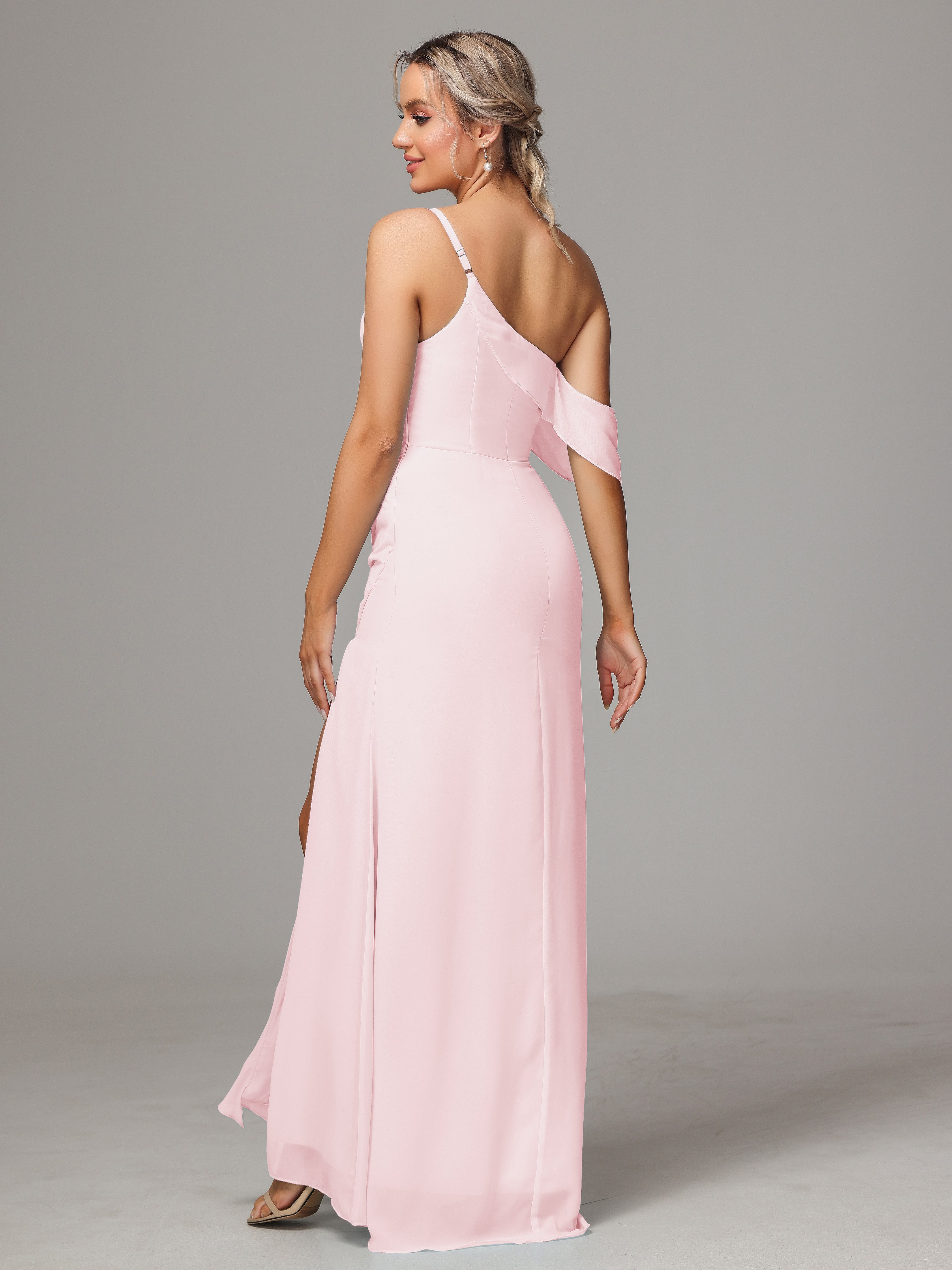 One Shoulder Off The Shoulder Chiffon Wedding Guest Dress