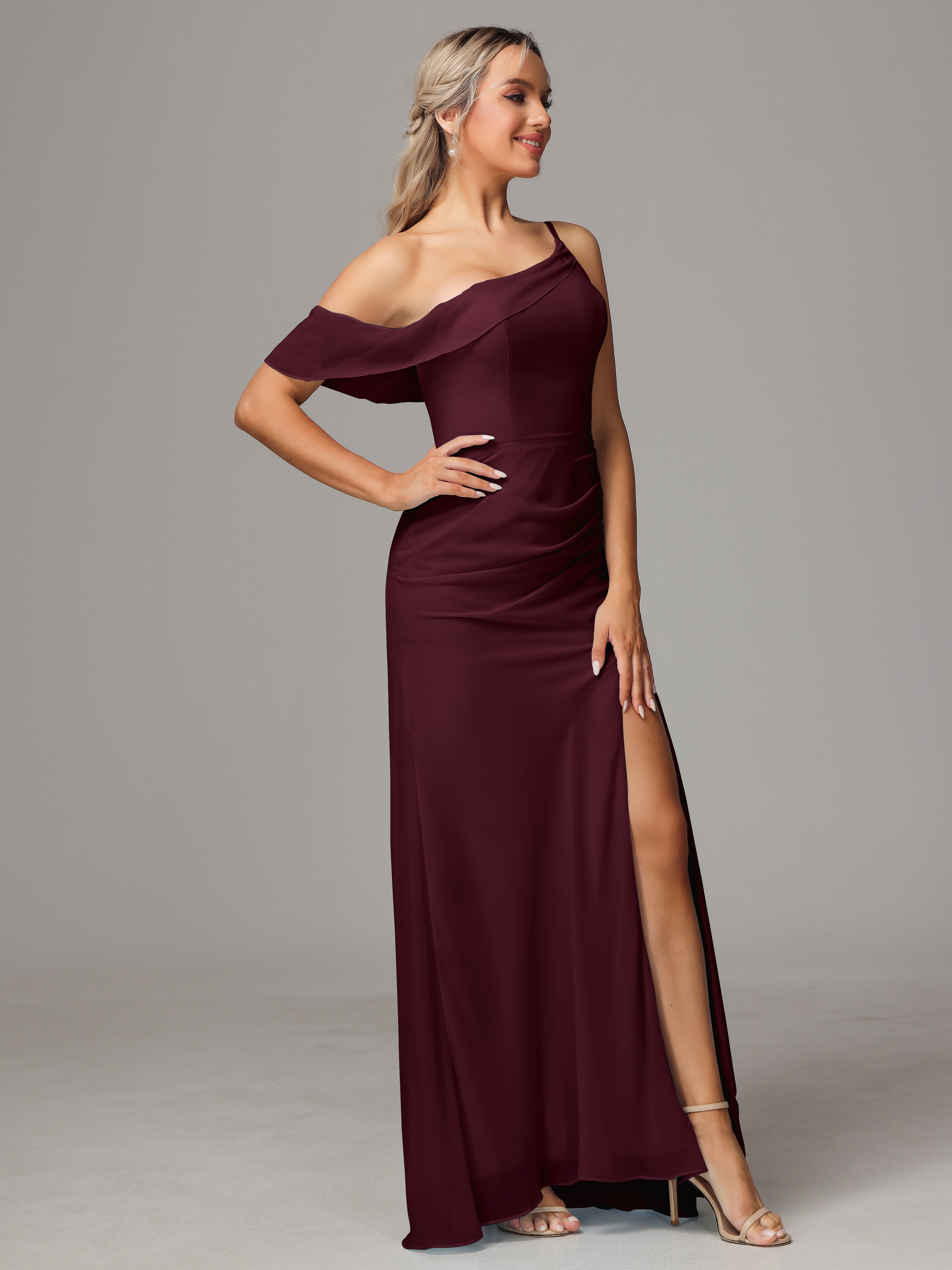 One Shoulder Off The Shoulder Chiffon Wedding Guest Dress