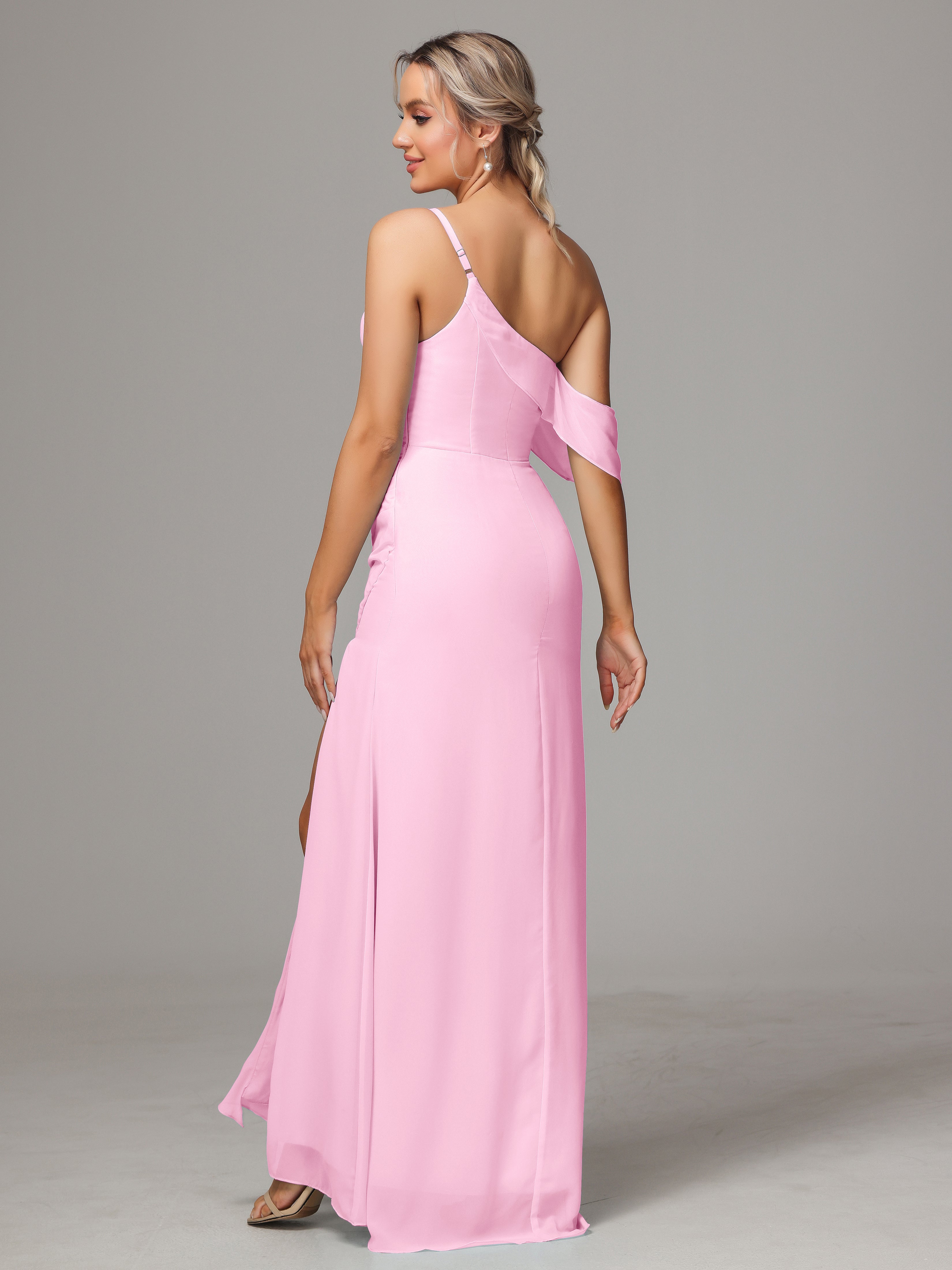 One Shoulder Off The Shoulder Chiffon Wedding Guest Dress