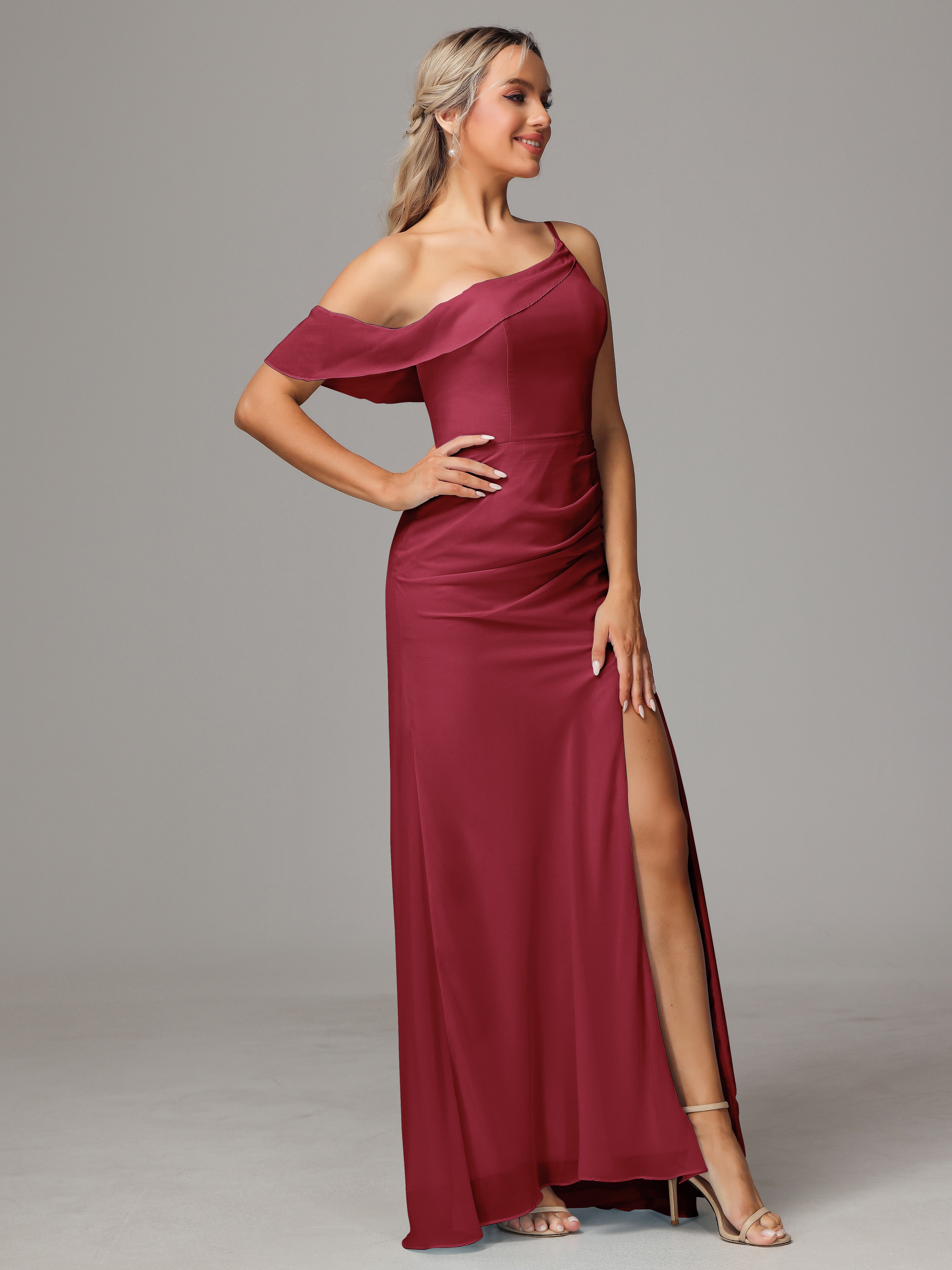 One Shoulder Off The Shoulder Chiffon Bridesmaid Dress