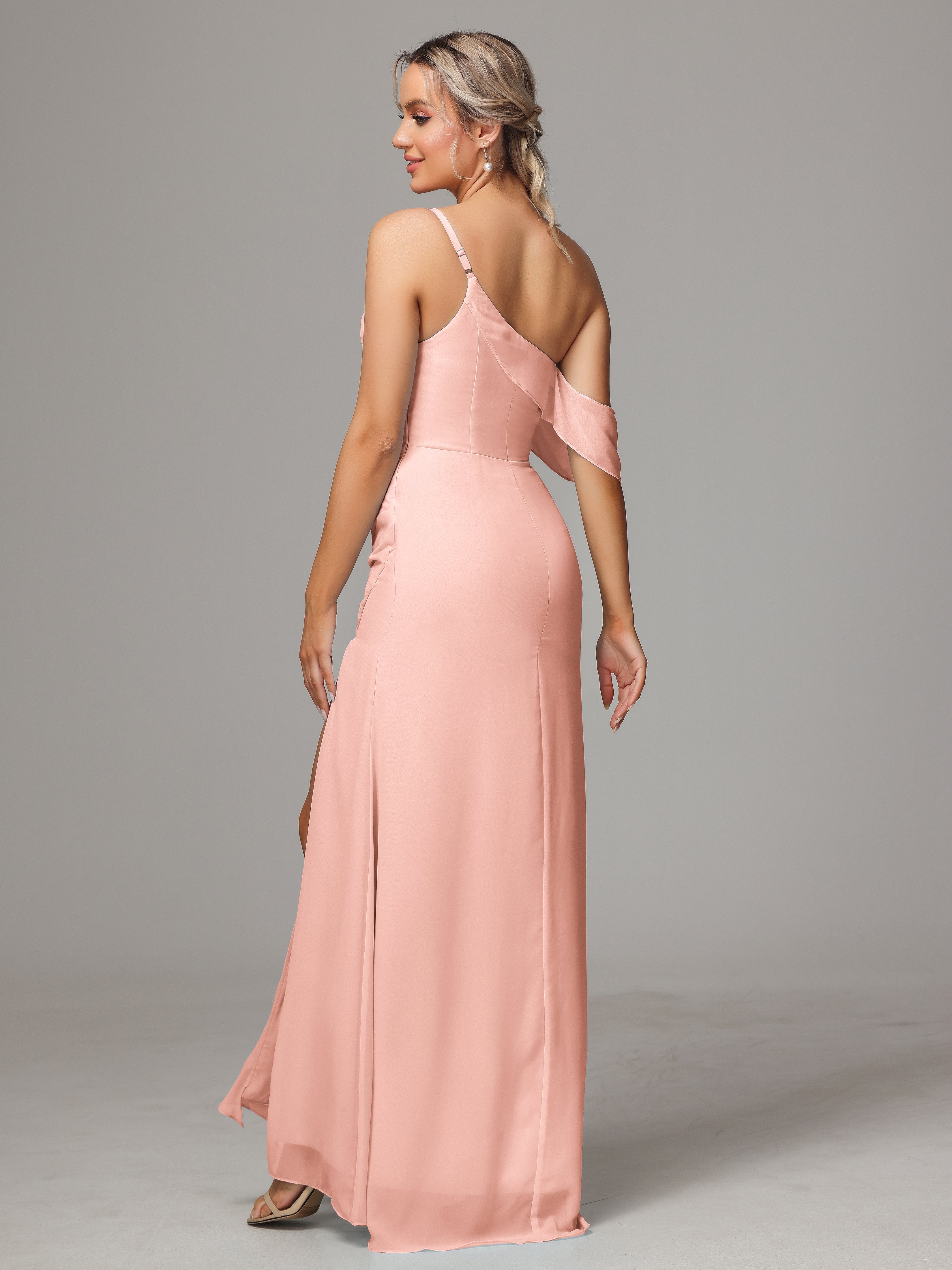 One Shoulder Off The Shoulder Chiffon Wedding Guest Dress