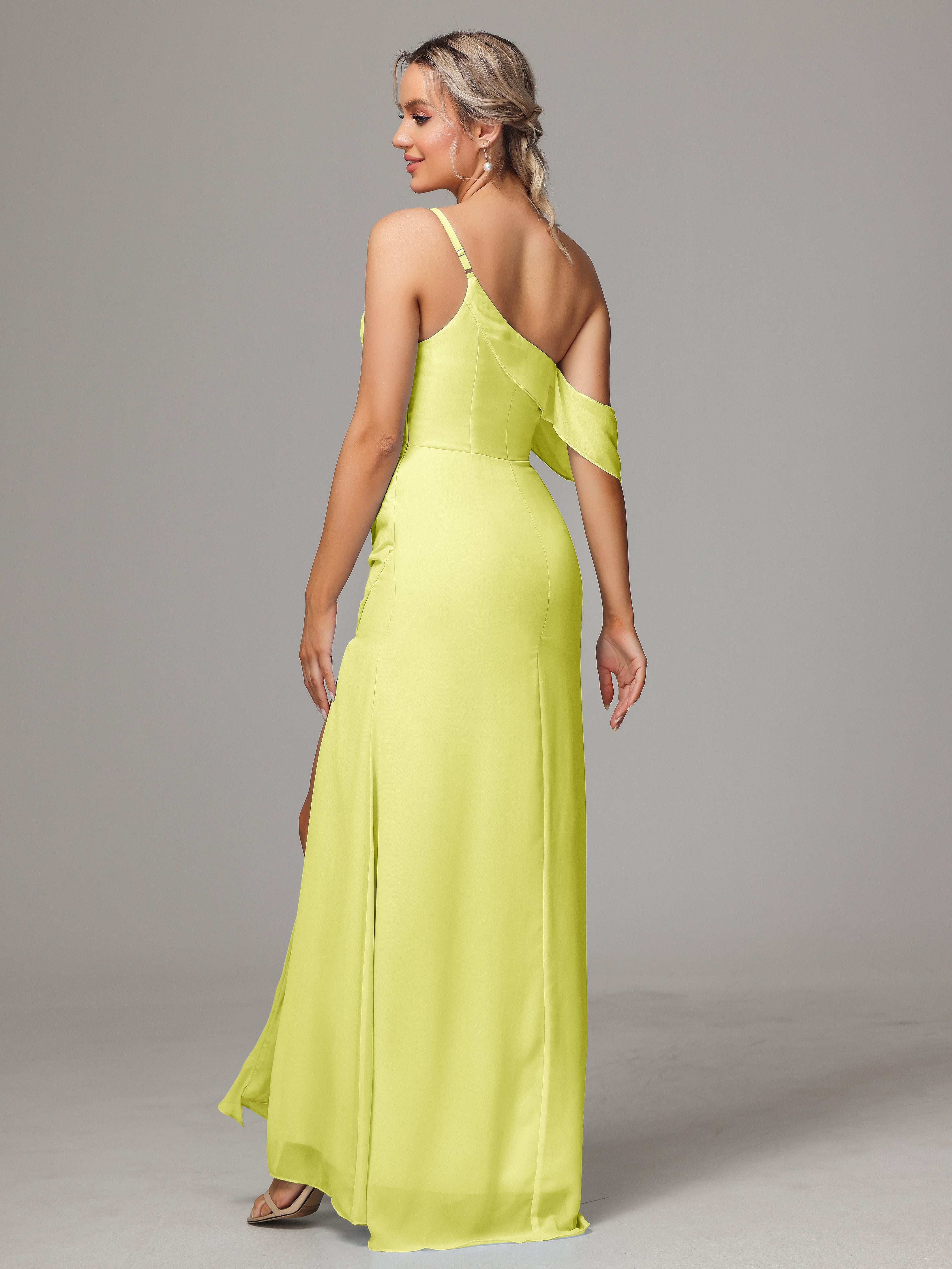 One Shoulder Off The Shoulder Chiffon Wedding Guest Dress