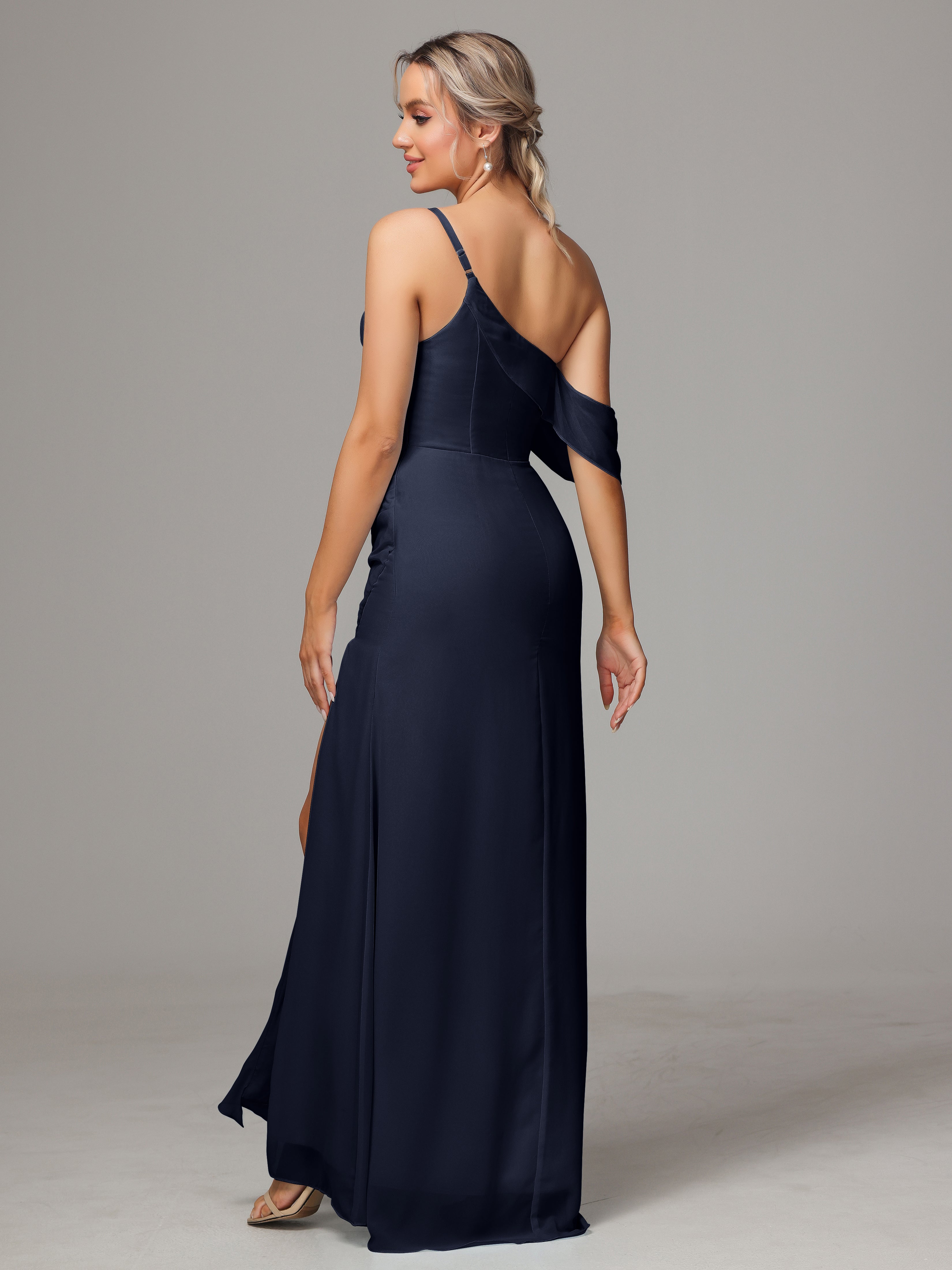 One Shoulder Off The Shoulder Chiffon Wedding Guest Dress