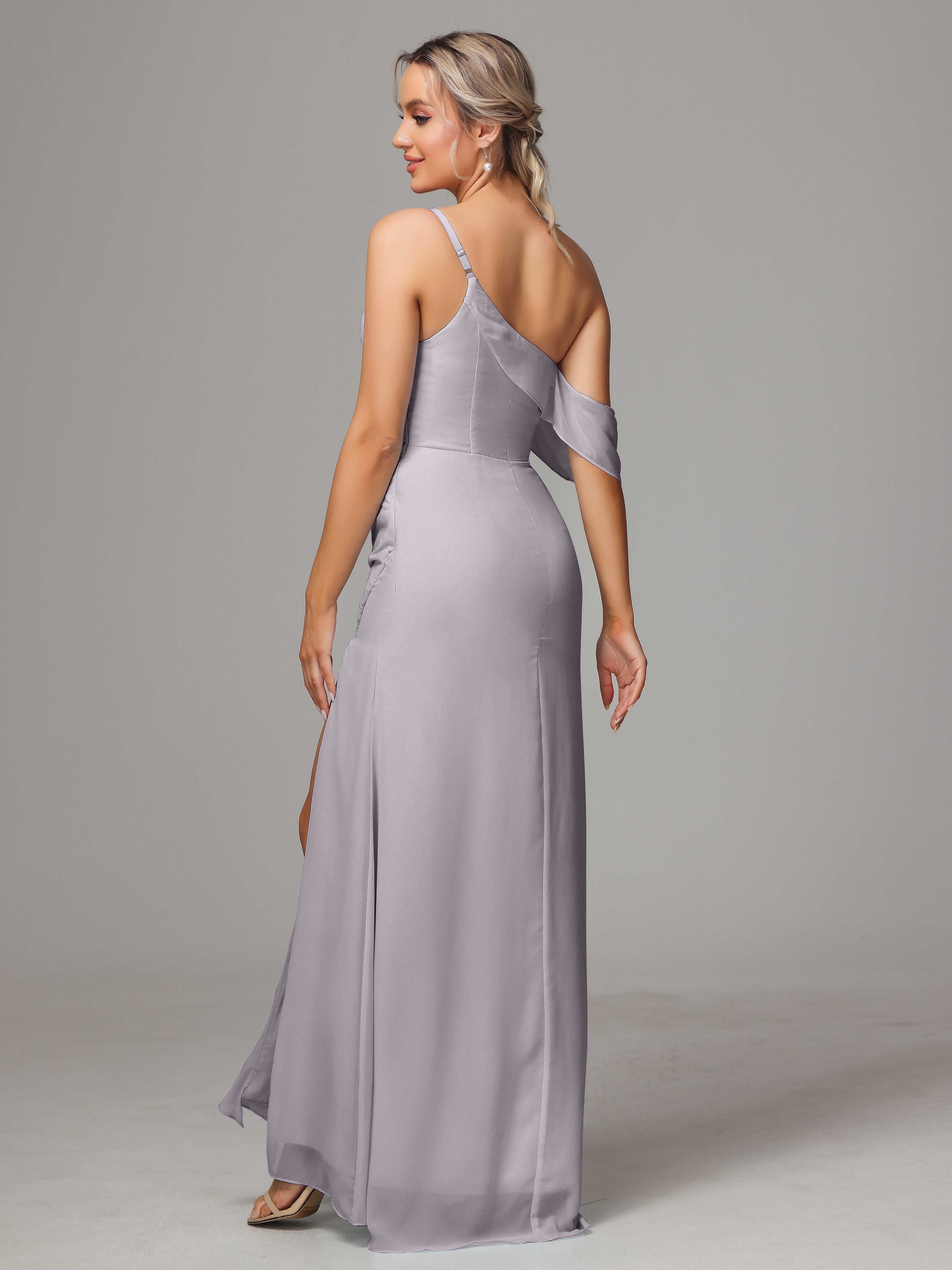 One Shoulder Off The Shoulder Chiffon Wedding Guest Dress