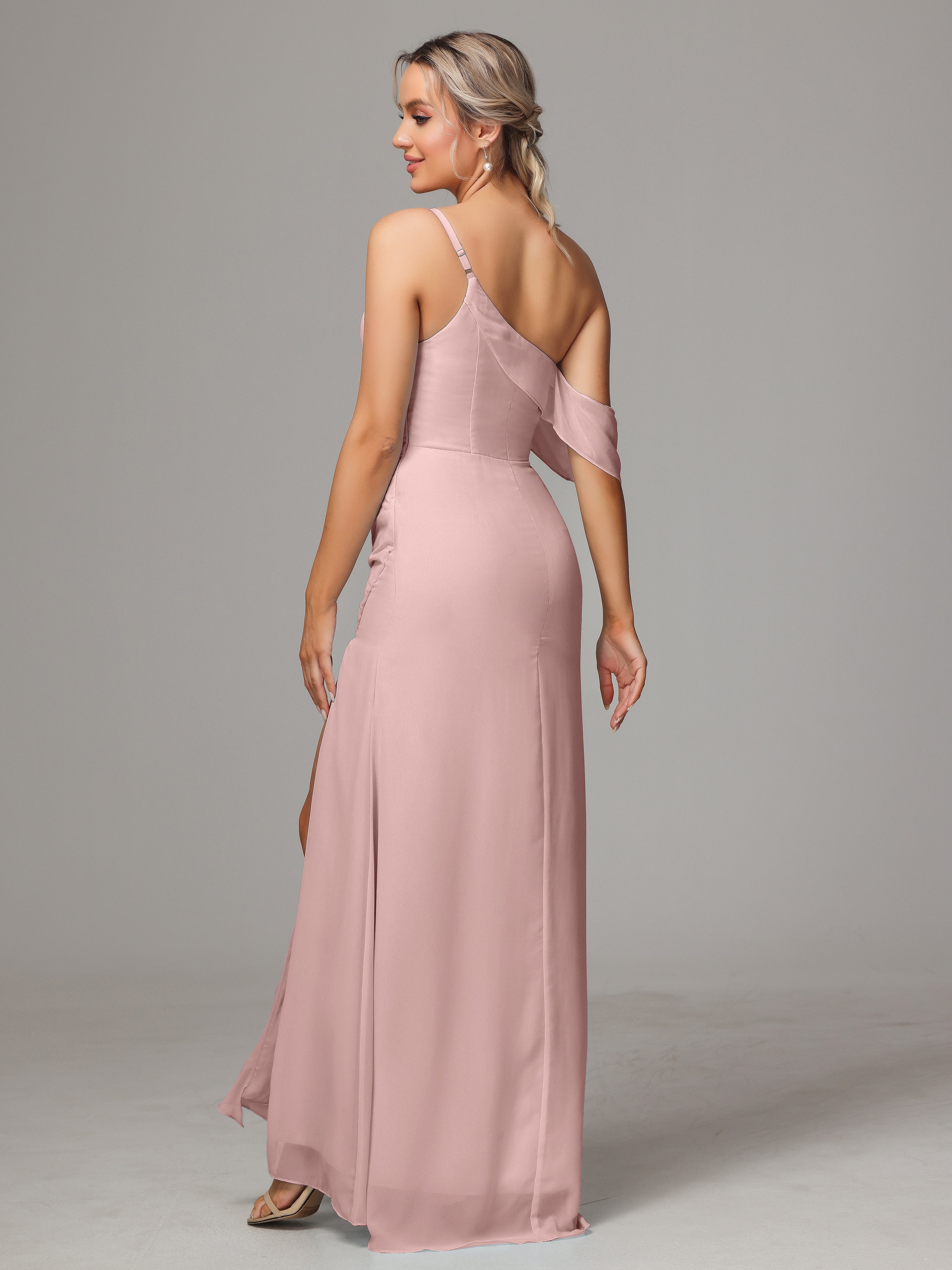 One Shoulder Off The Shoulder Chiffon Wedding Guest Dress