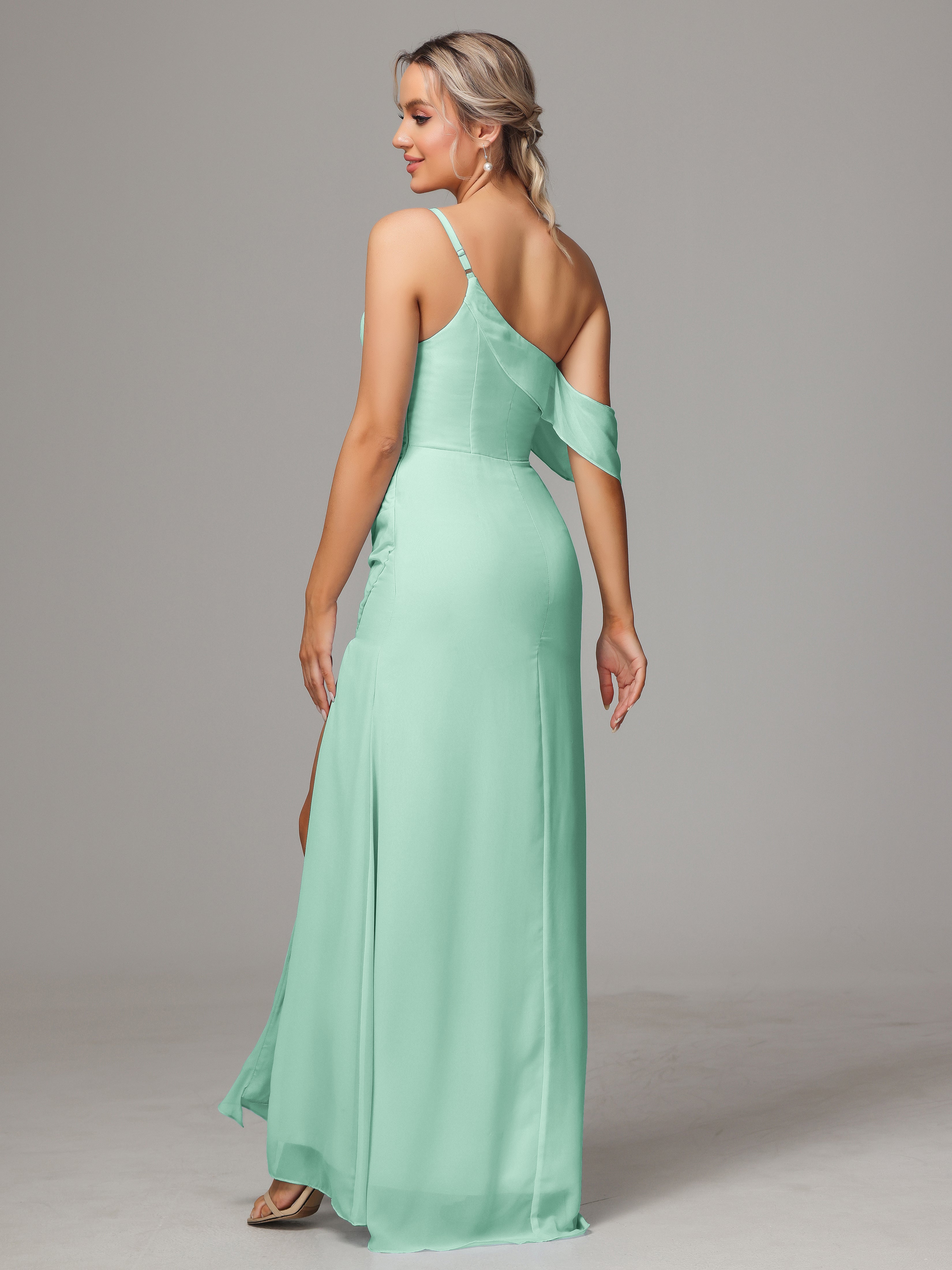 One Shoulder Off The Shoulder Chiffon Wedding Guest Dress