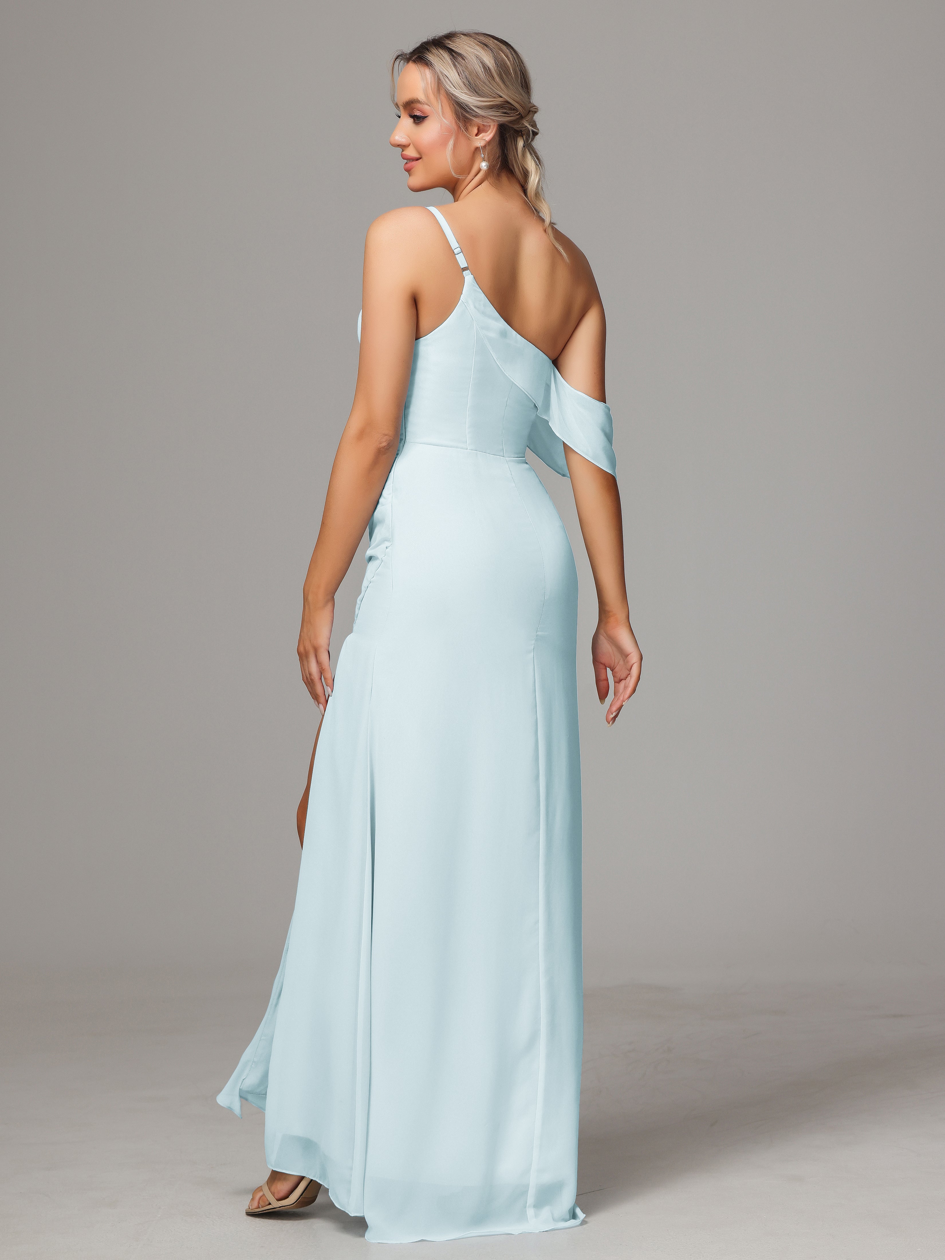 One Shoulder Off The Shoulder Chiffon Wedding Guest Dress