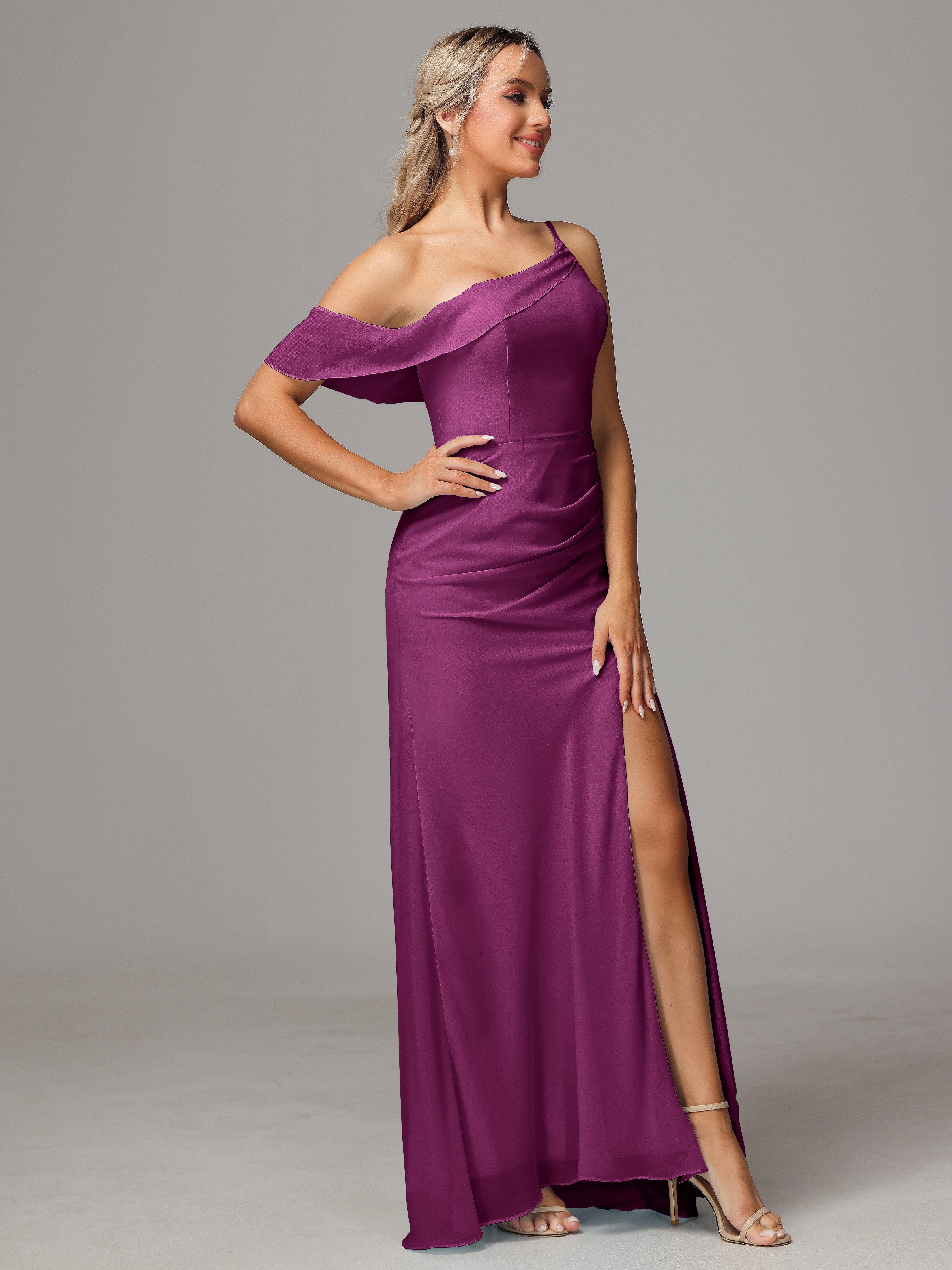 One Shoulder Off The Shoulder Chiffon Wedding Guest Dress