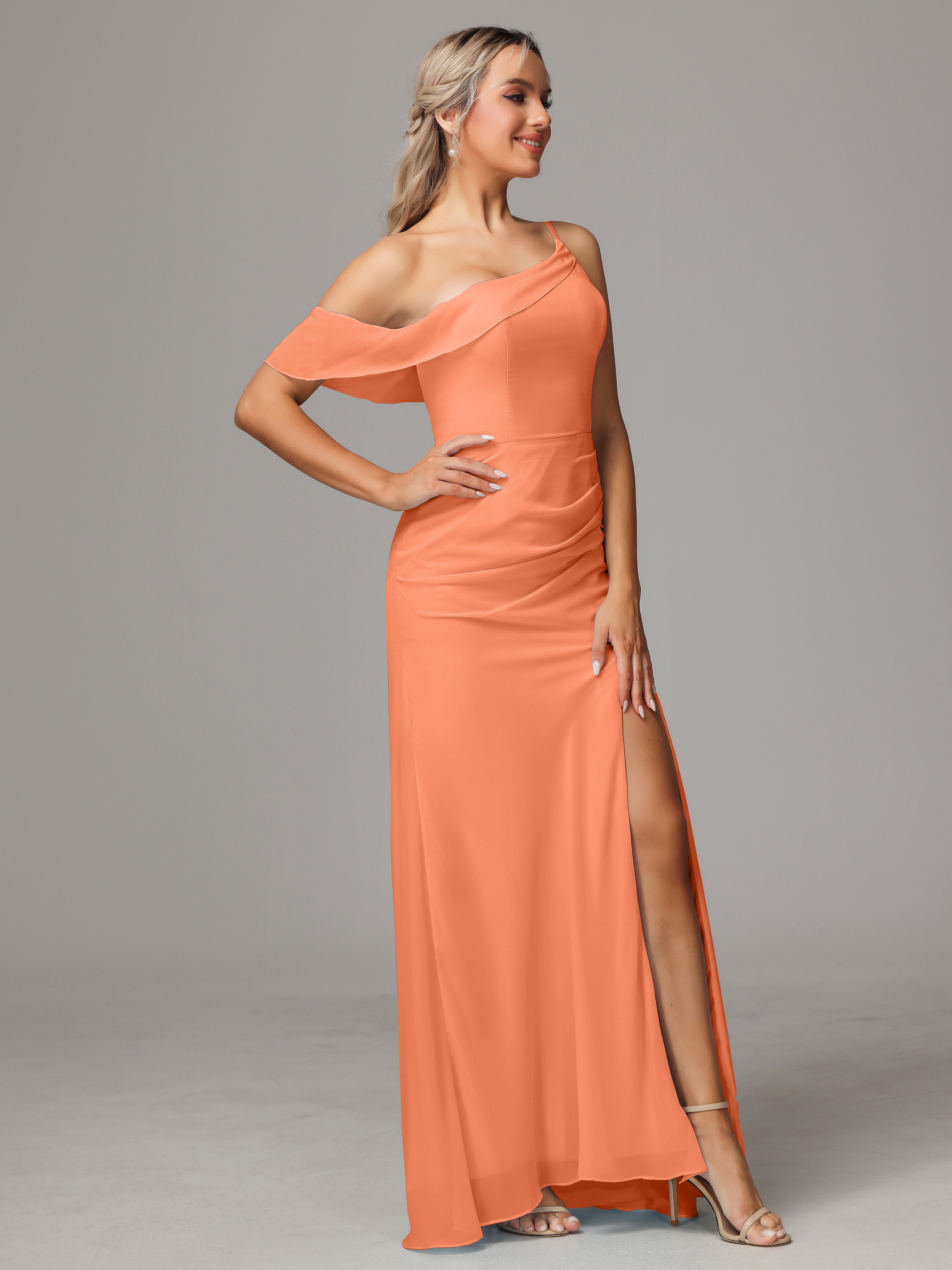 One Shoulder Off The Shoulder Chiffon Wedding Guest Dress