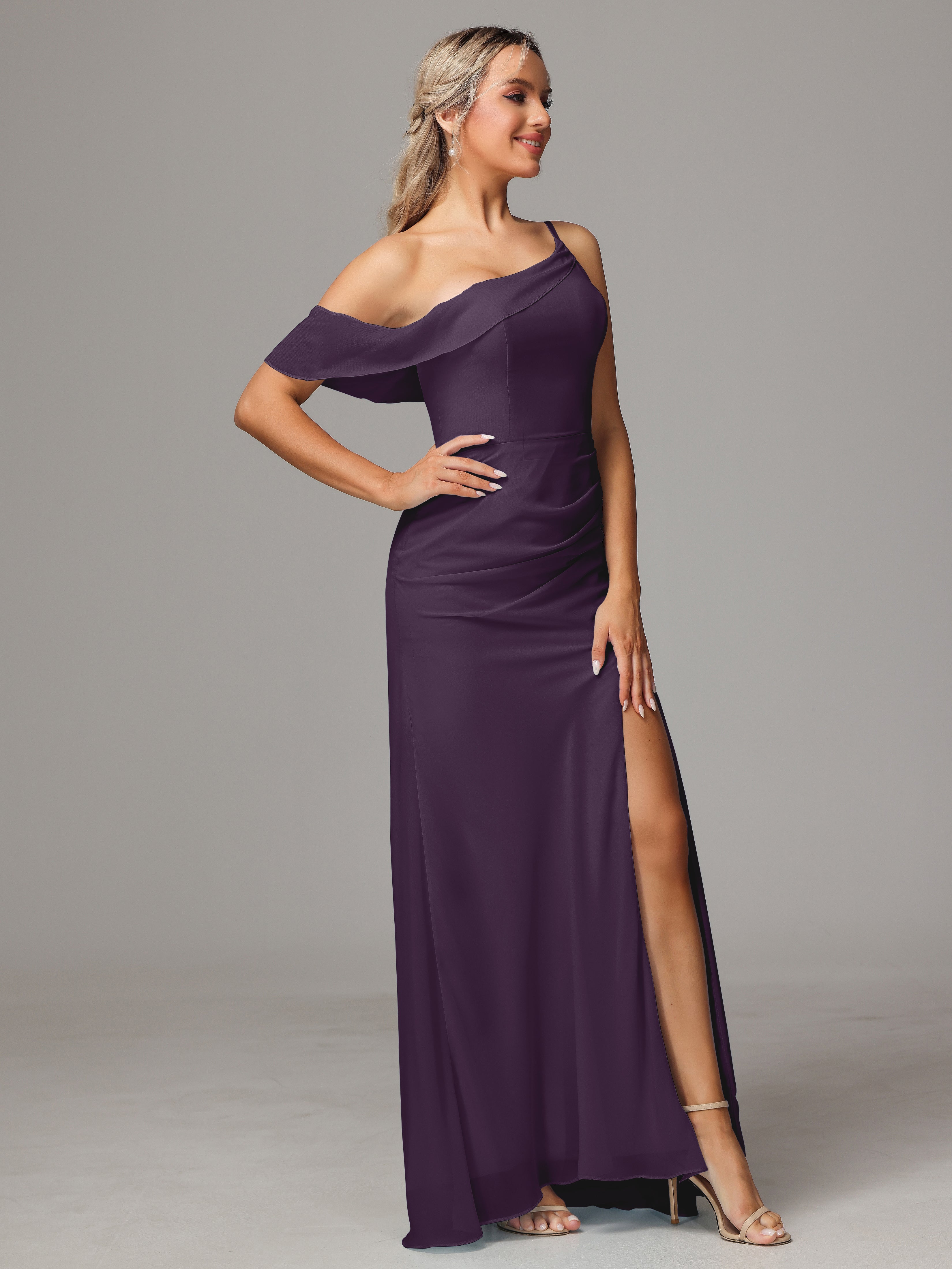 One Shoulder Off The Shoulder Chiffon Wedding Guest Dress