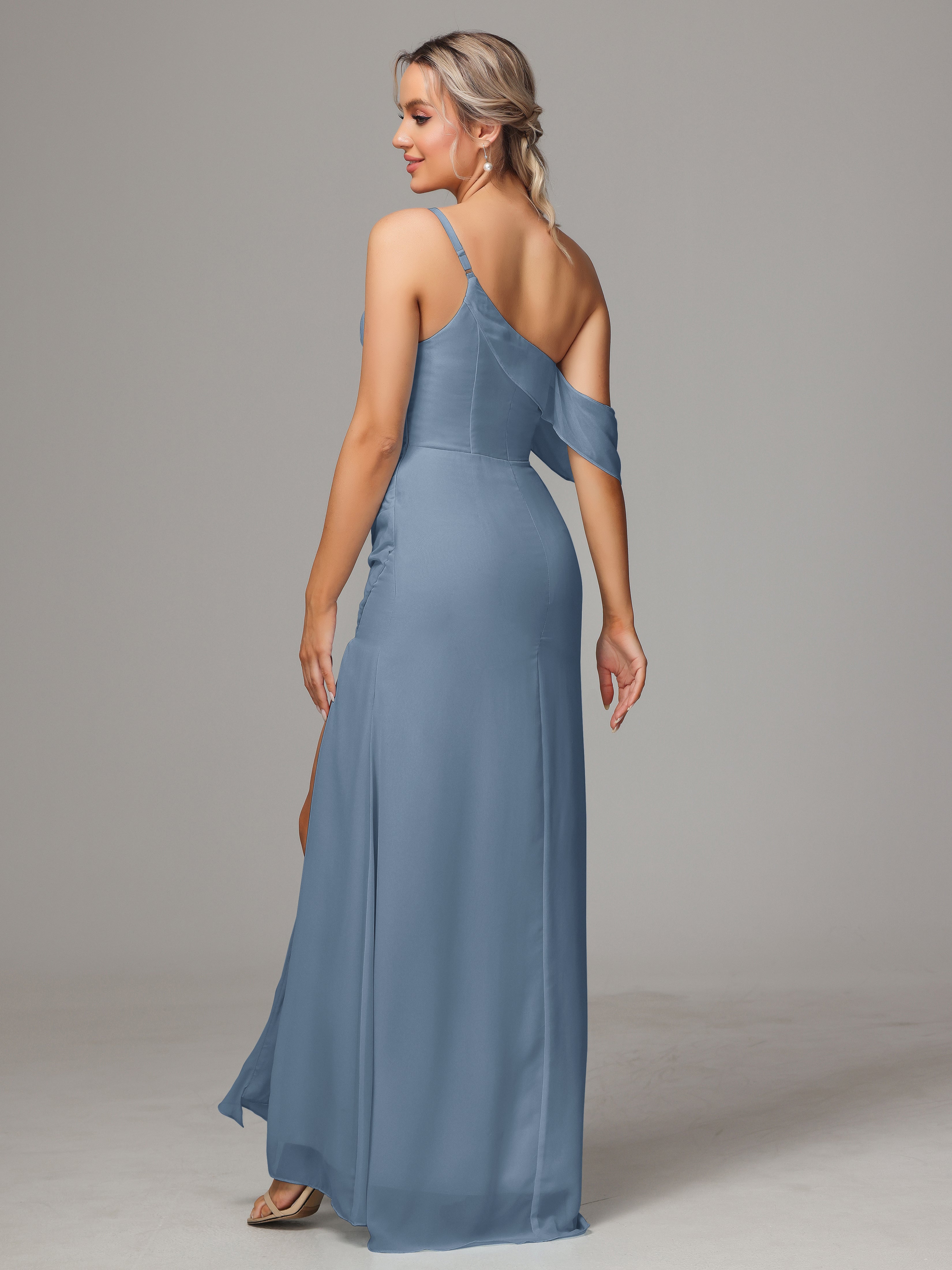 One Shoulder Off The Shoulder Chiffon Wedding Guest Dress