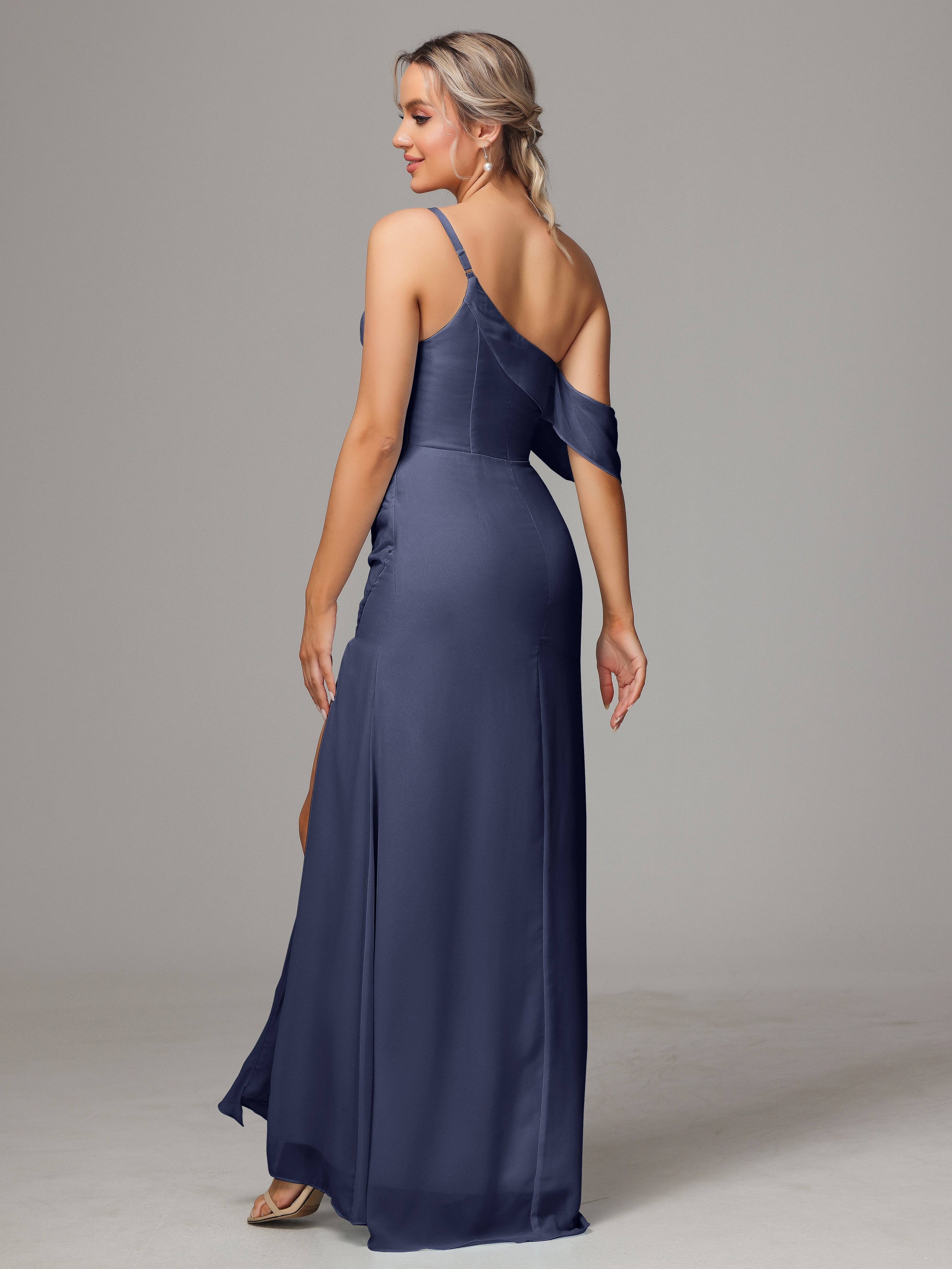 One Shoulder Off The Shoulder Chiffon Wedding Guest Dress