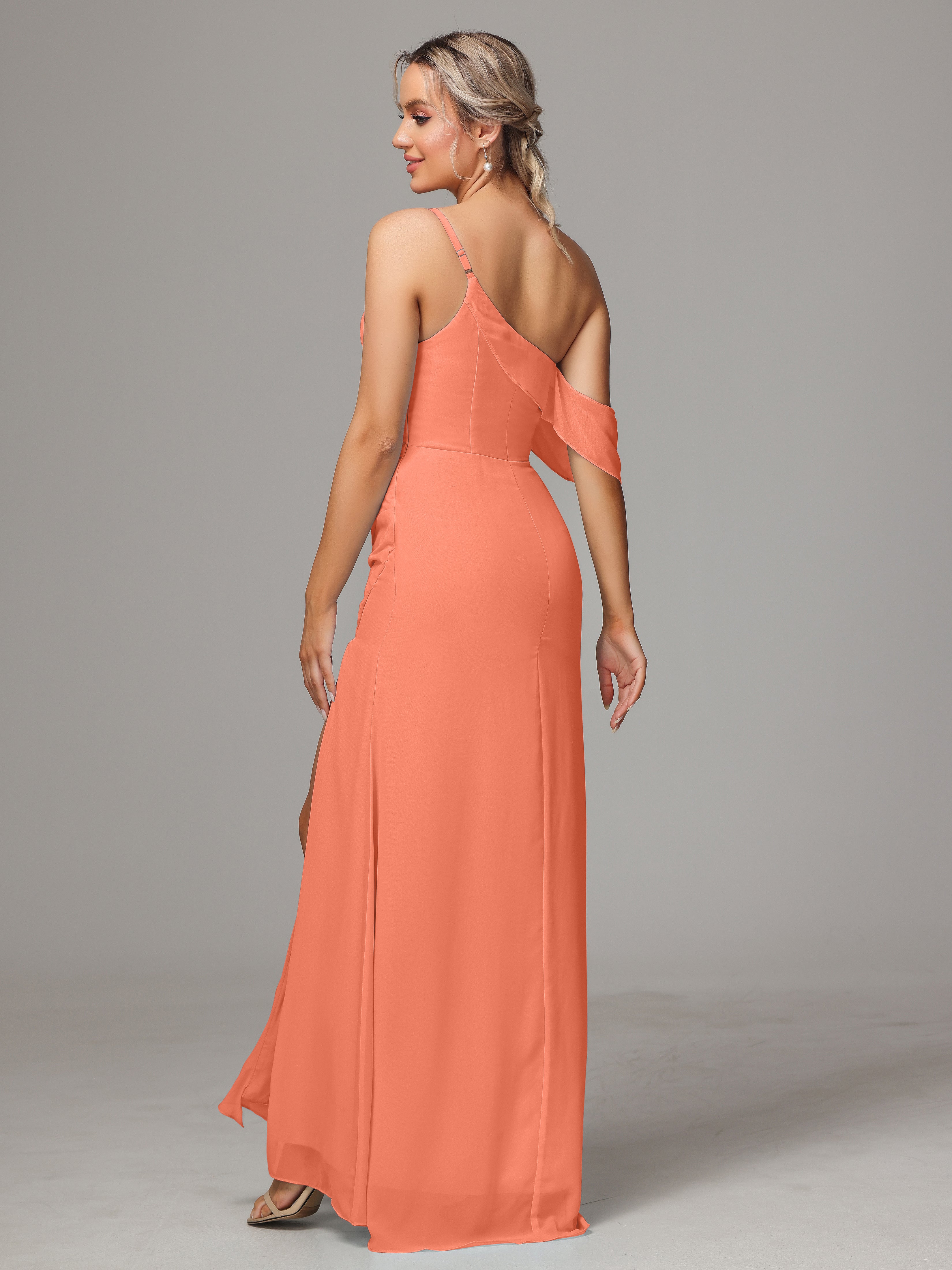 One Shoulder Off The Shoulder Chiffon Wedding Guest Dress