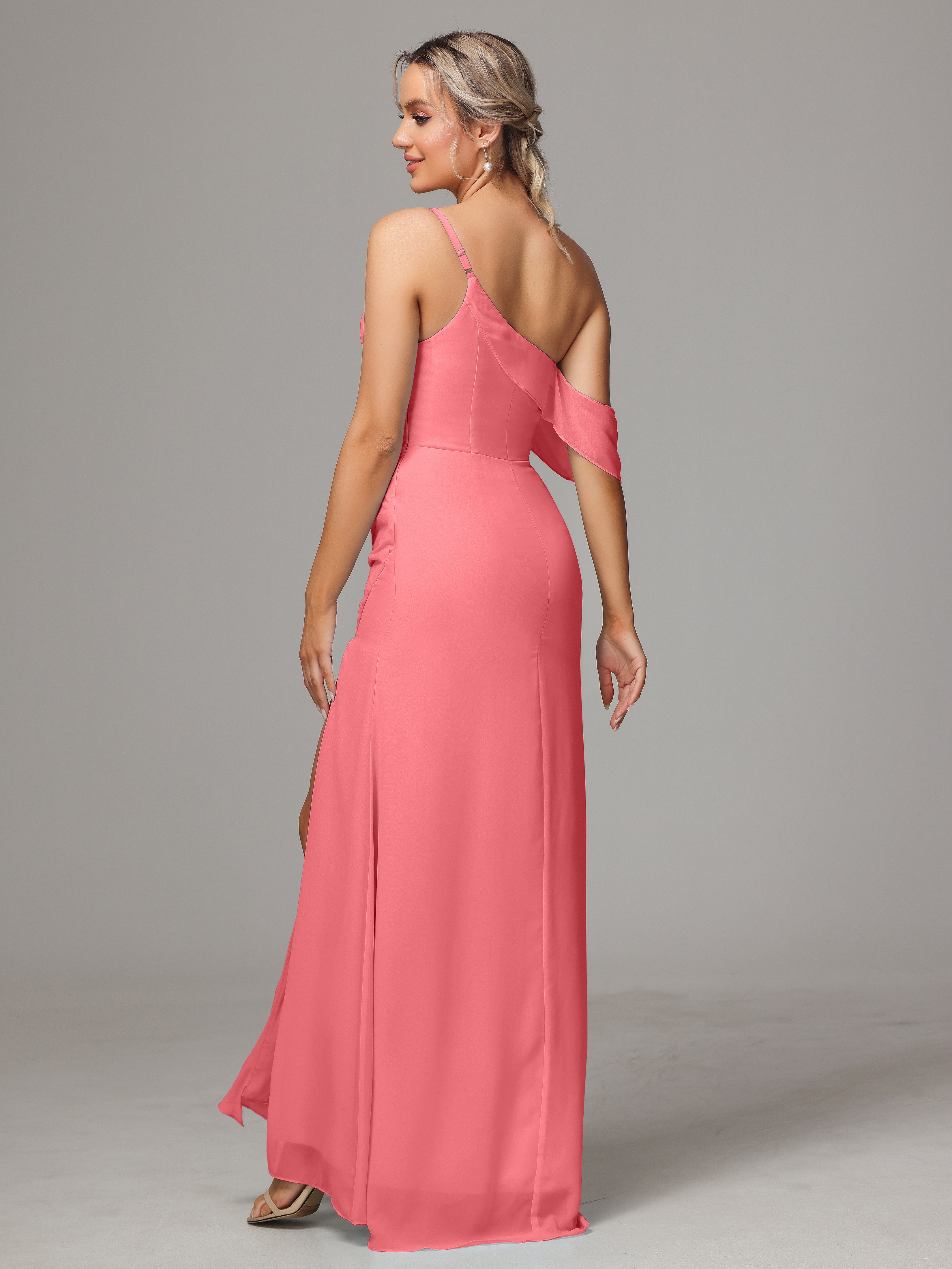 One Shoulder Off The Shoulder Chiffon Wedding Guest Dress