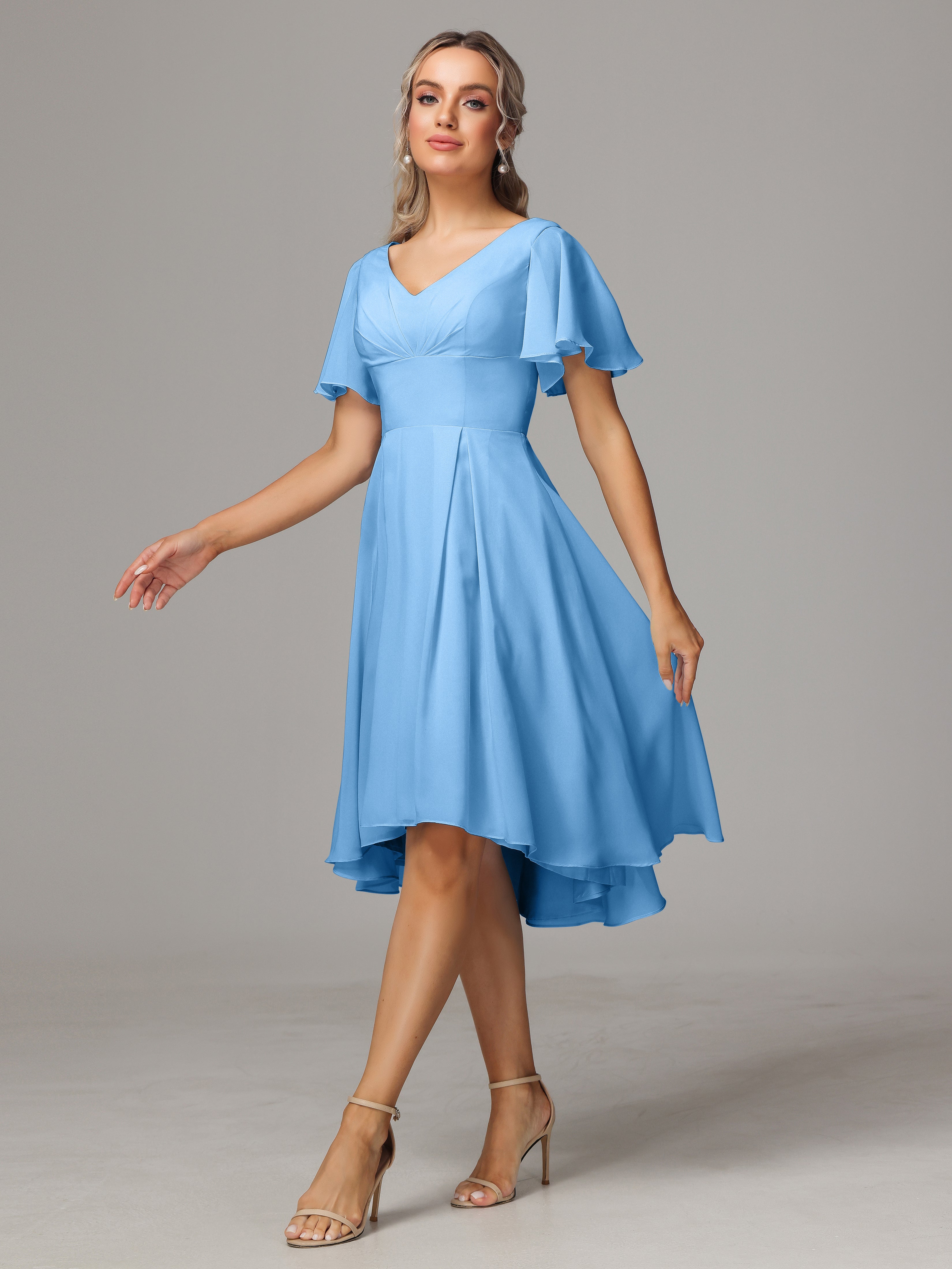 Short Sleeves V Neck Knee Length Chiffon Bridesmaid Dresses