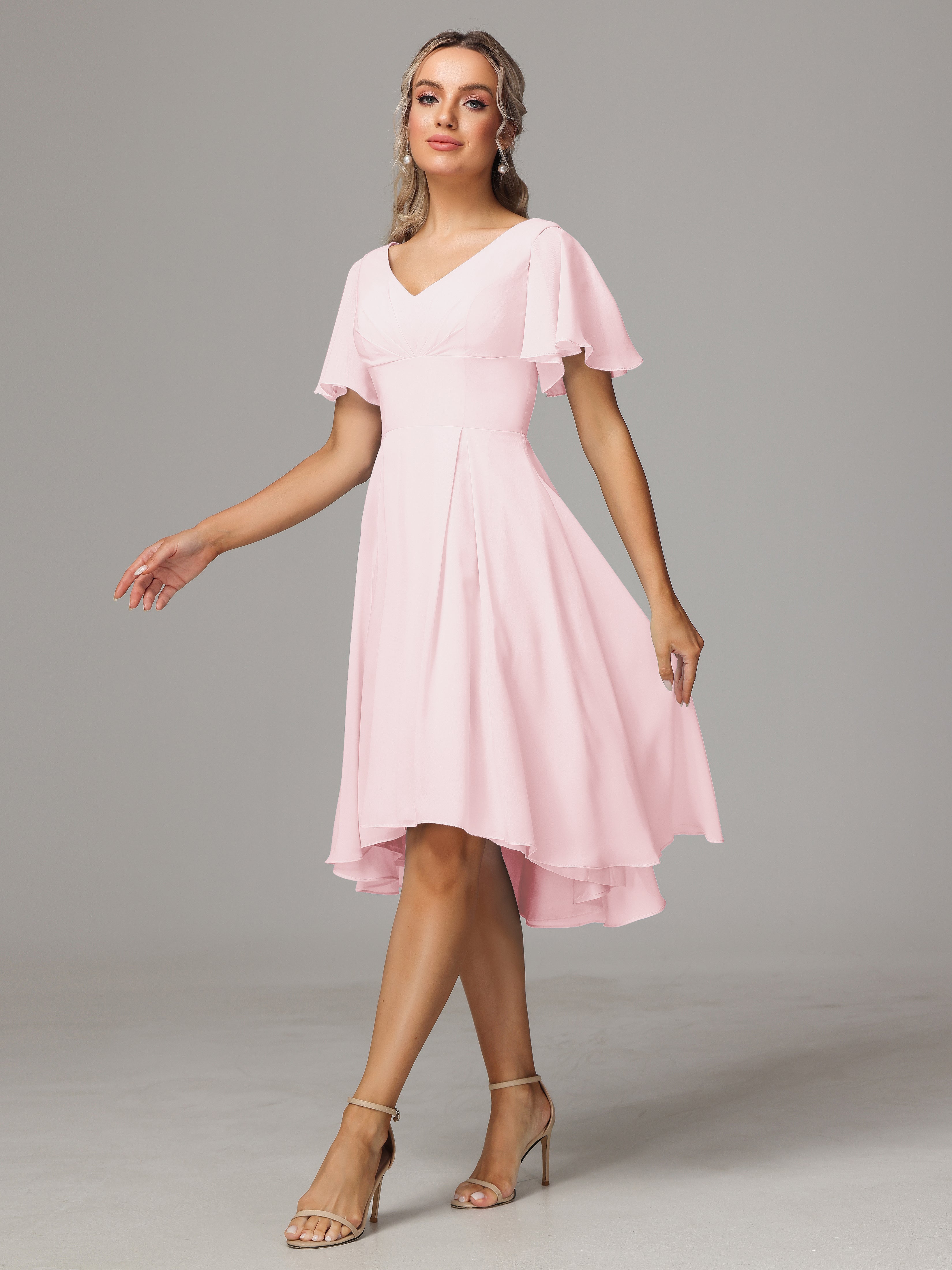 Short Sleeves V Neck Knee Length Chiffon Bridesmaid Dresses