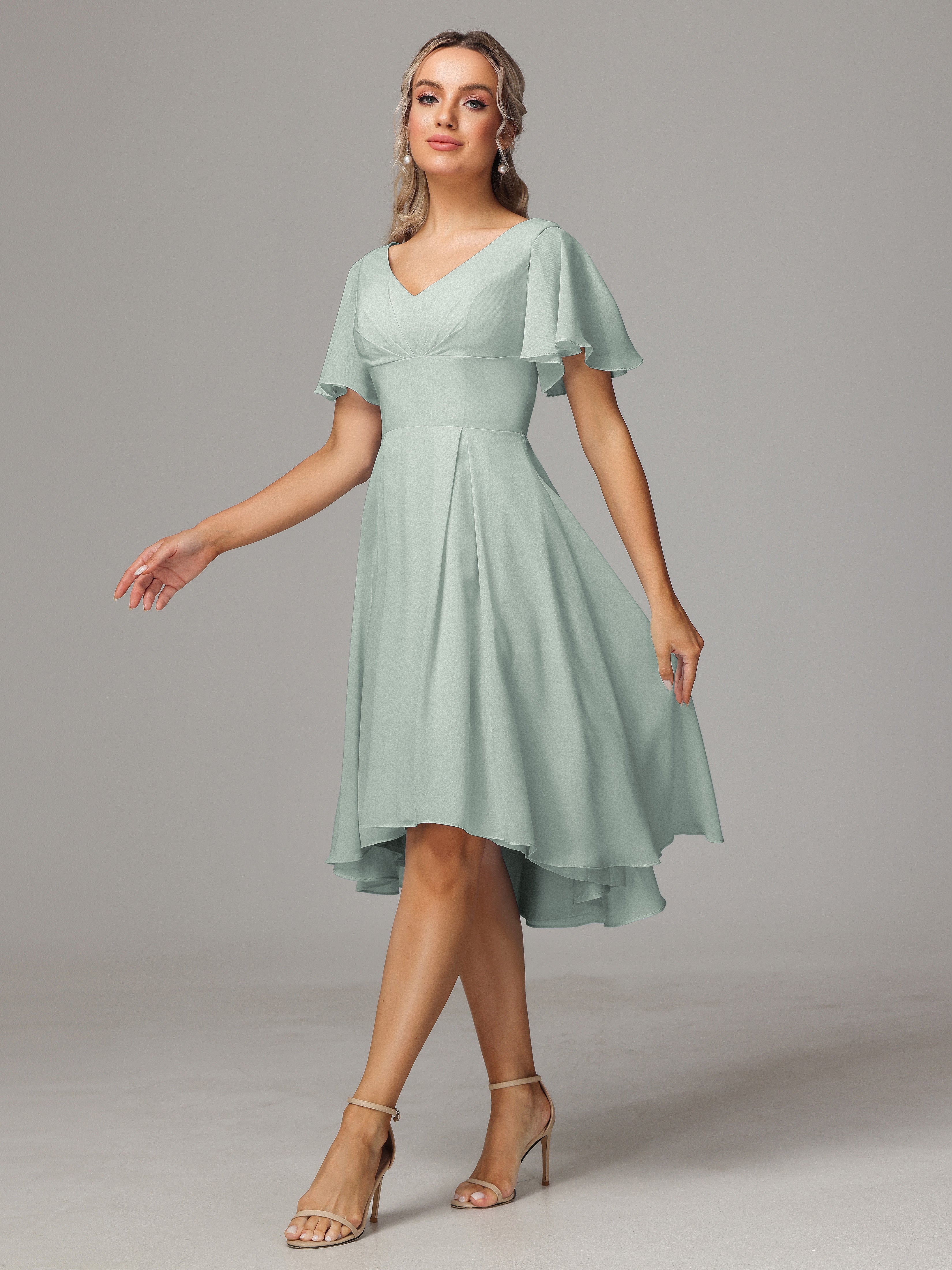 Short Sleeves V Neck Knee Length Chiffon Bridesmaid Dresses