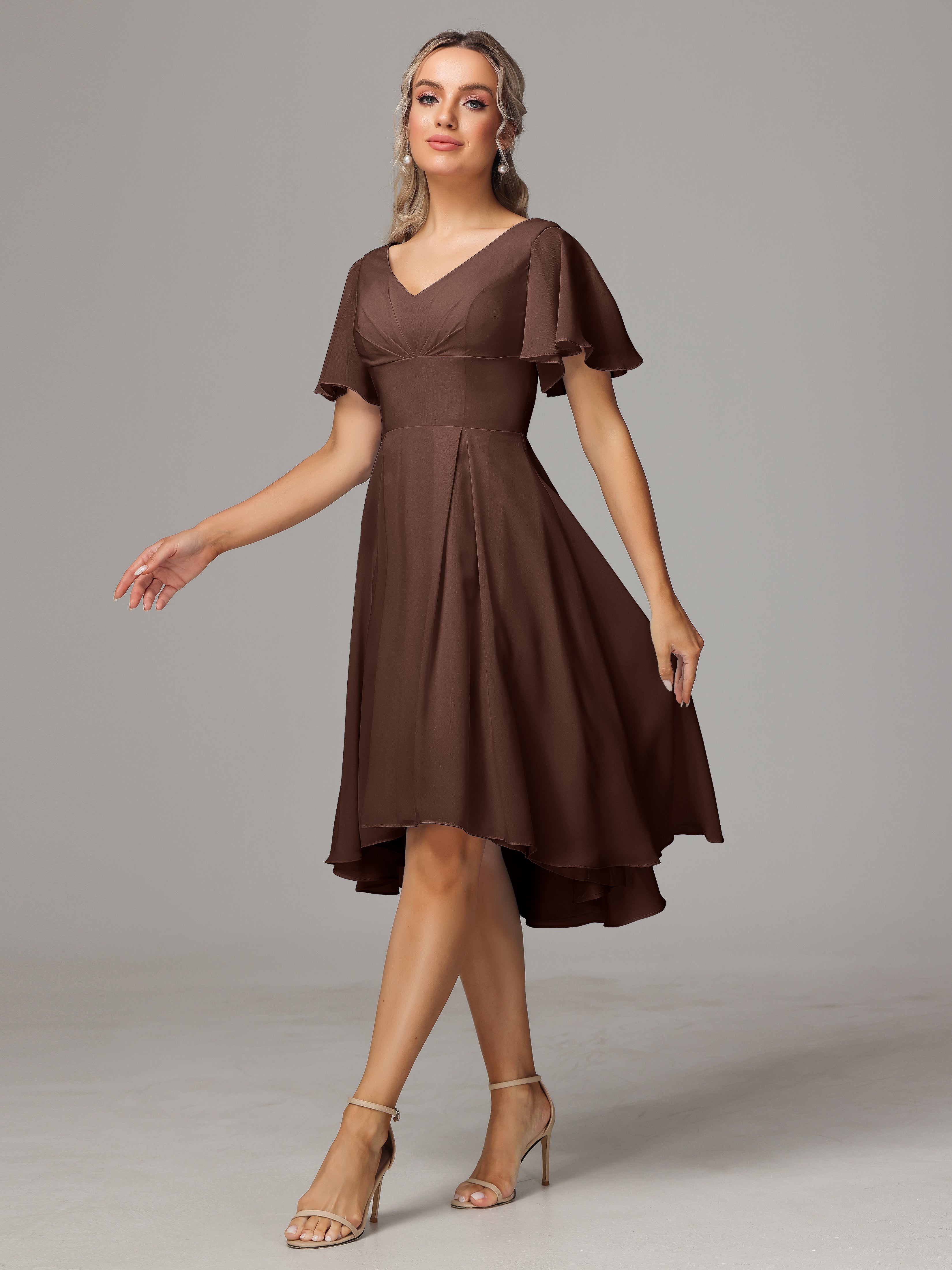 Short Sleeves V Neck Knee Length Chiffon Bridesmaid Dresses