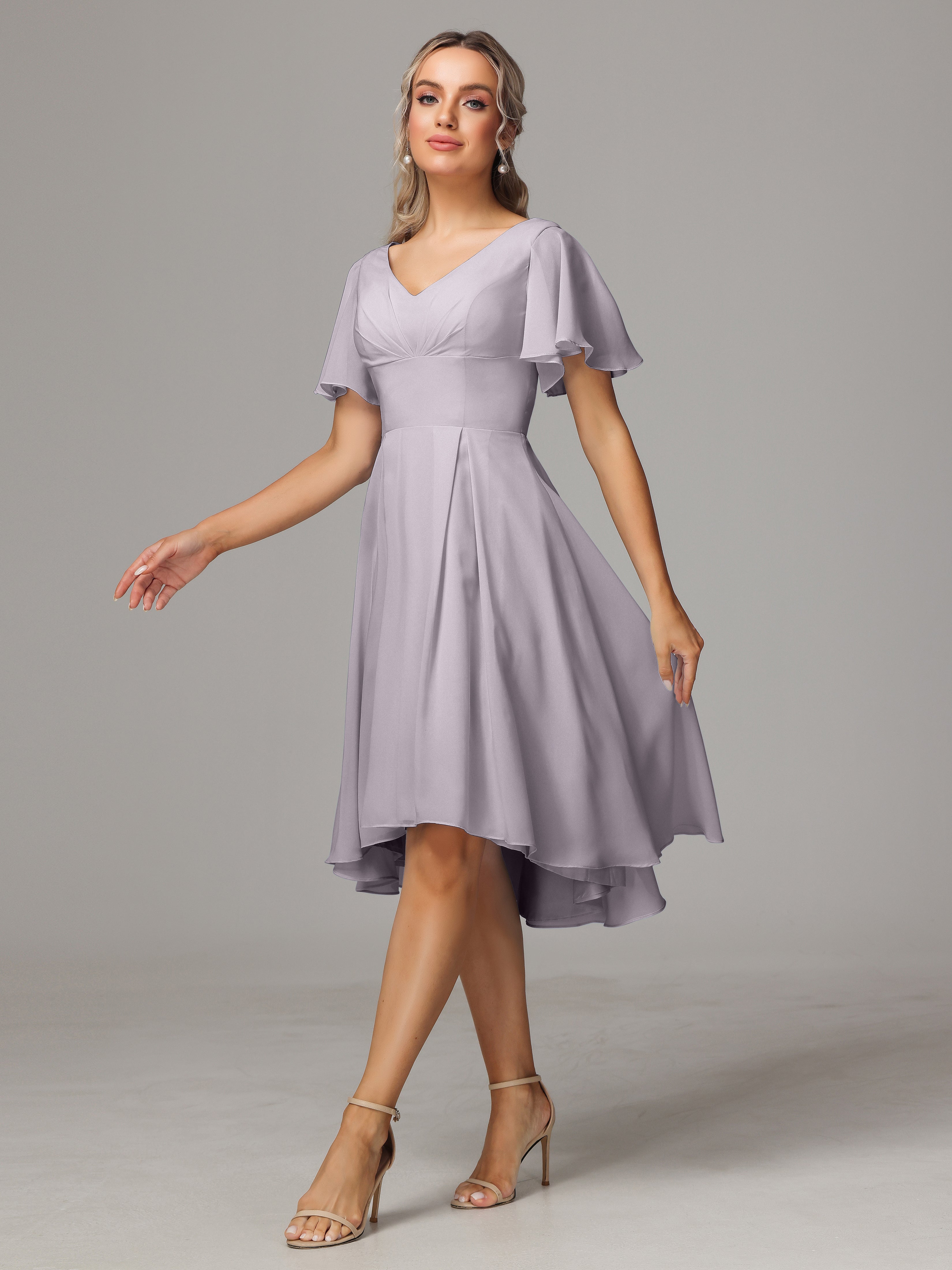 Short Sleeves V Neck Knee Length Chiffon Bridesmaid Dresses