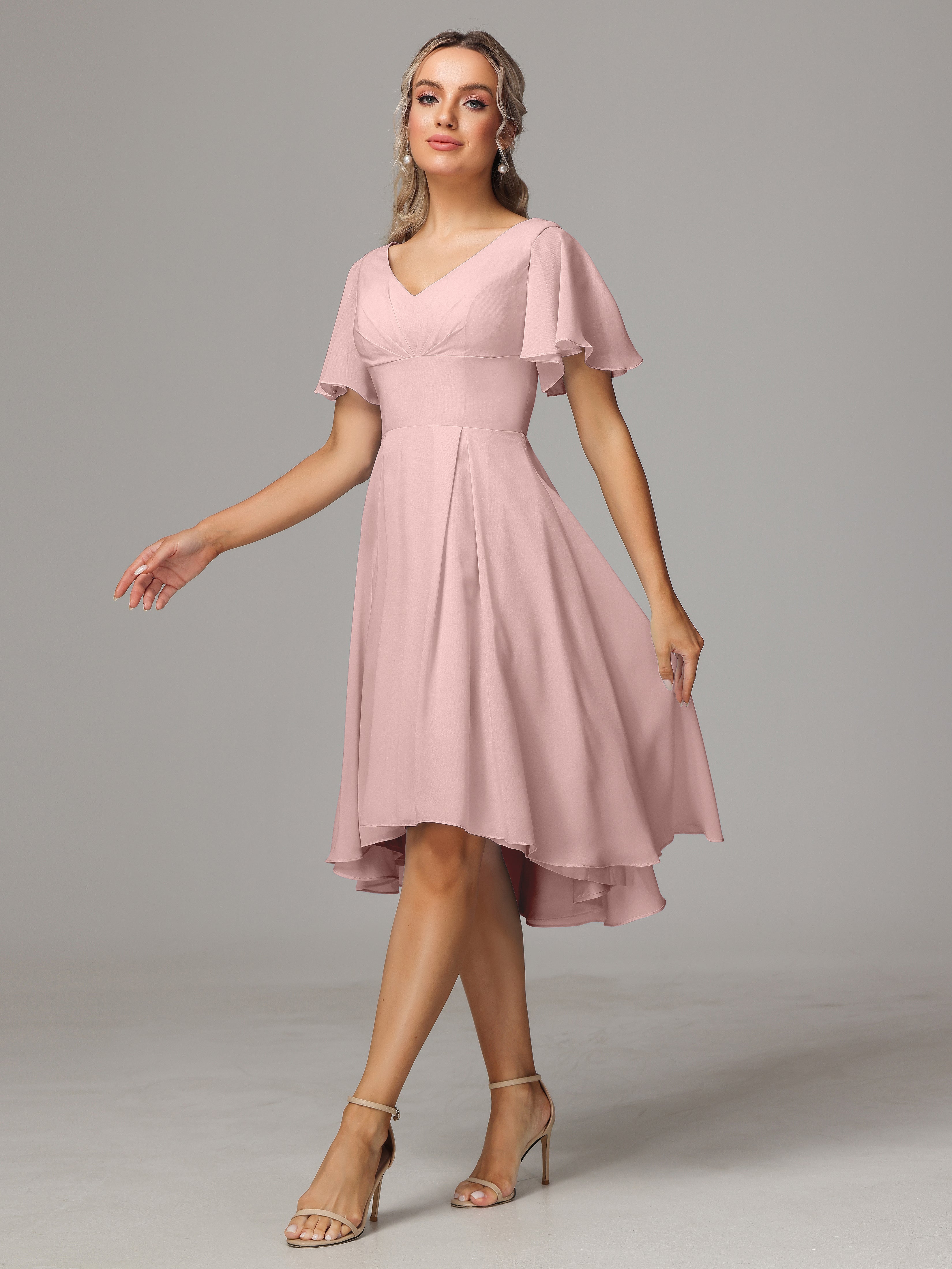 Short Sleeves V Neck Knee Length Chiffon Bridesmaid Dresses