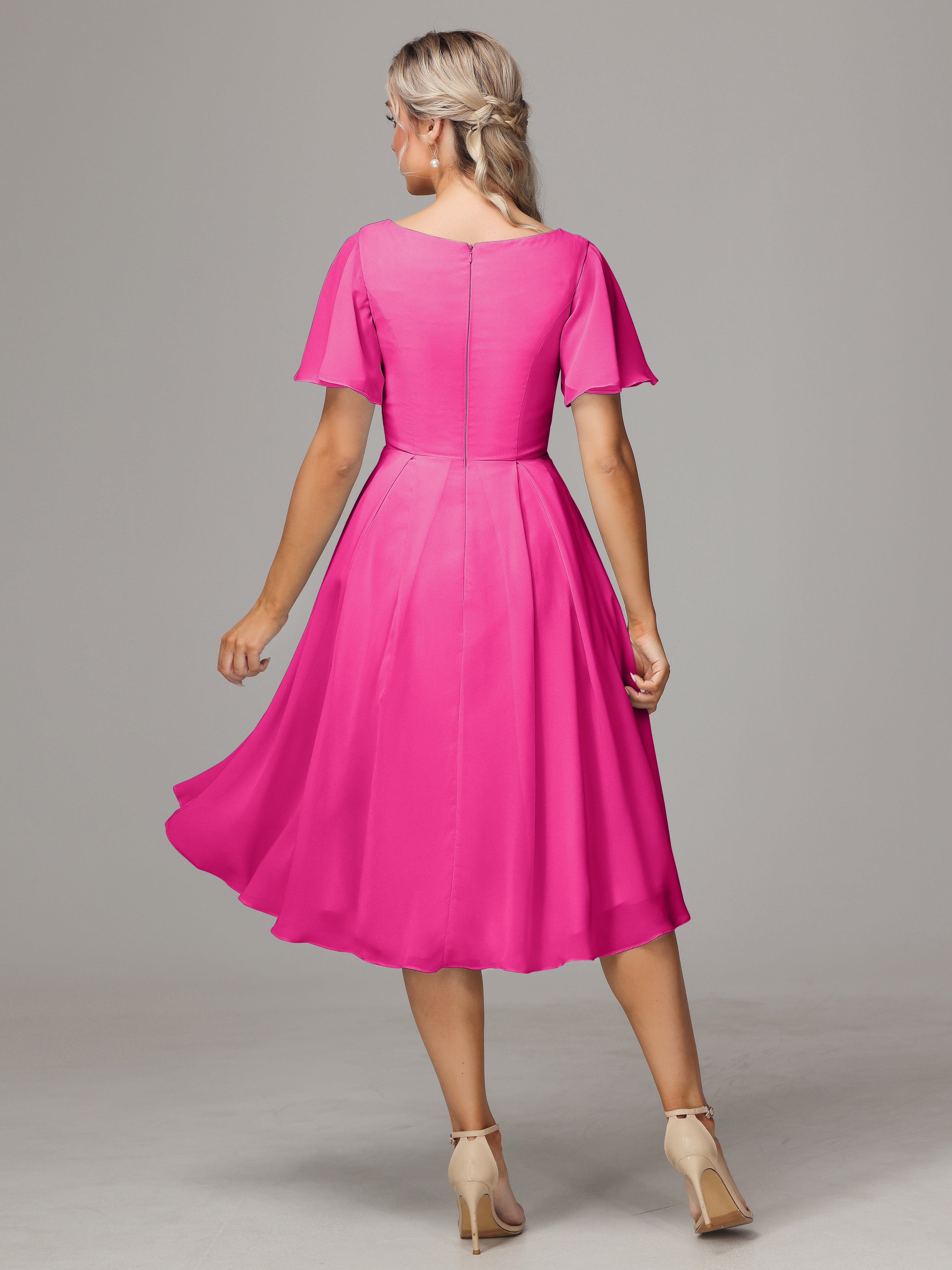 Short Sleeves V Neck Knee Length Chiffon Bridesmaid Dresses