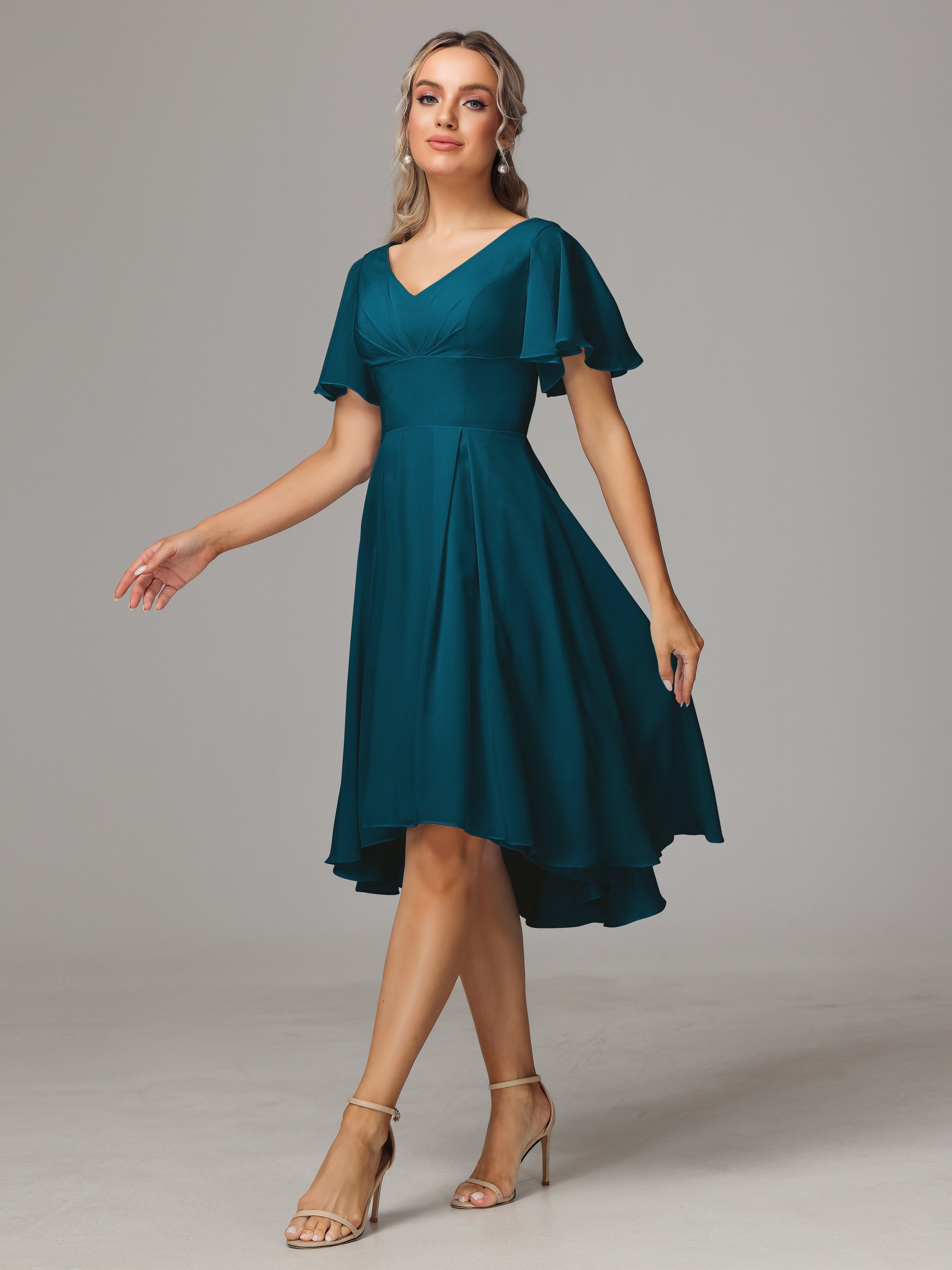 Short Sleeves V Neck Knee Length Chiffon Bridesmaid Dresses