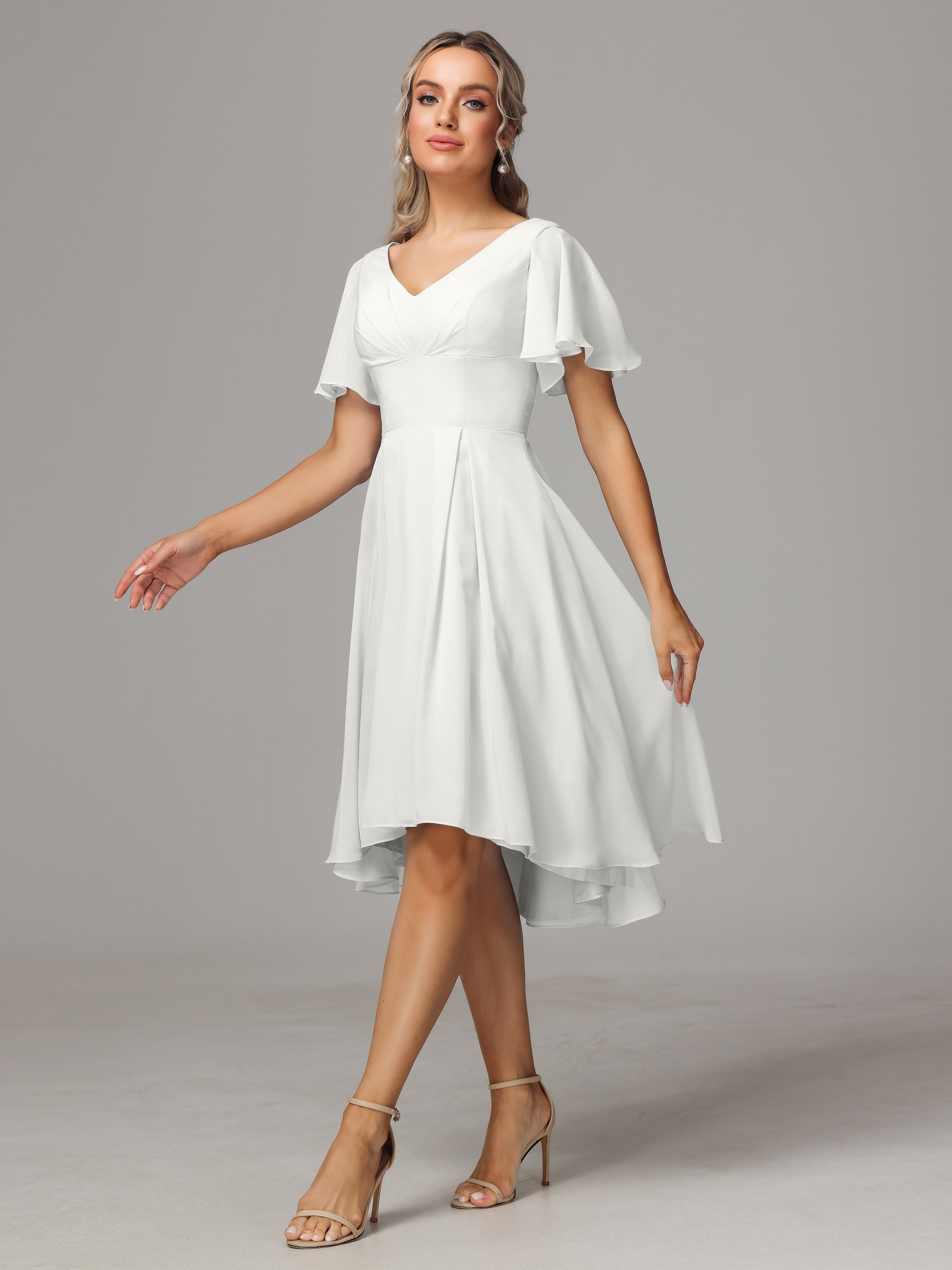 Short Sleeves V Neck Knee Length Chiffon Bridesmaid Dresses