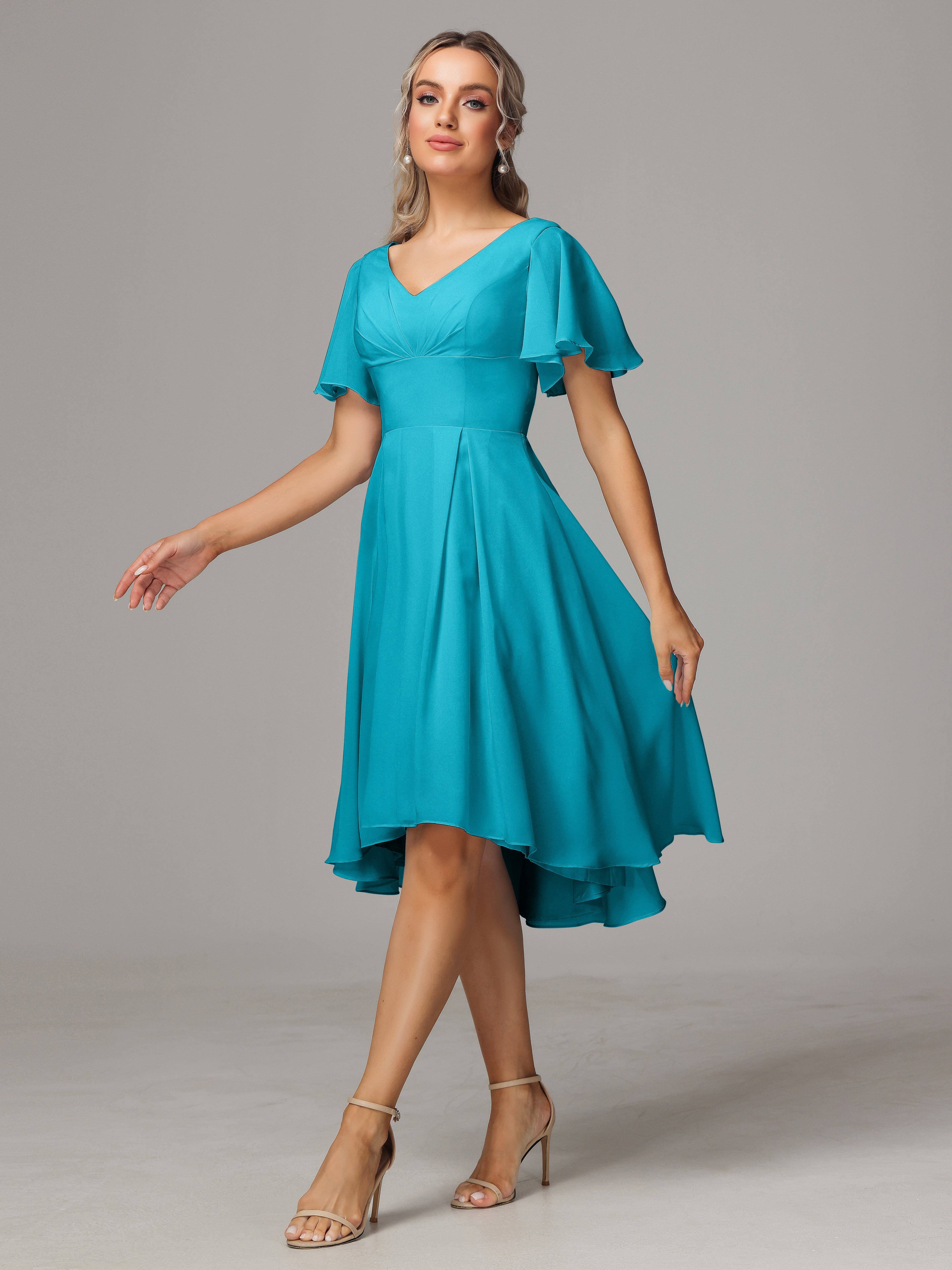 Short Sleeves V Neck Knee Length Chiffon Bridesmaid Dresses