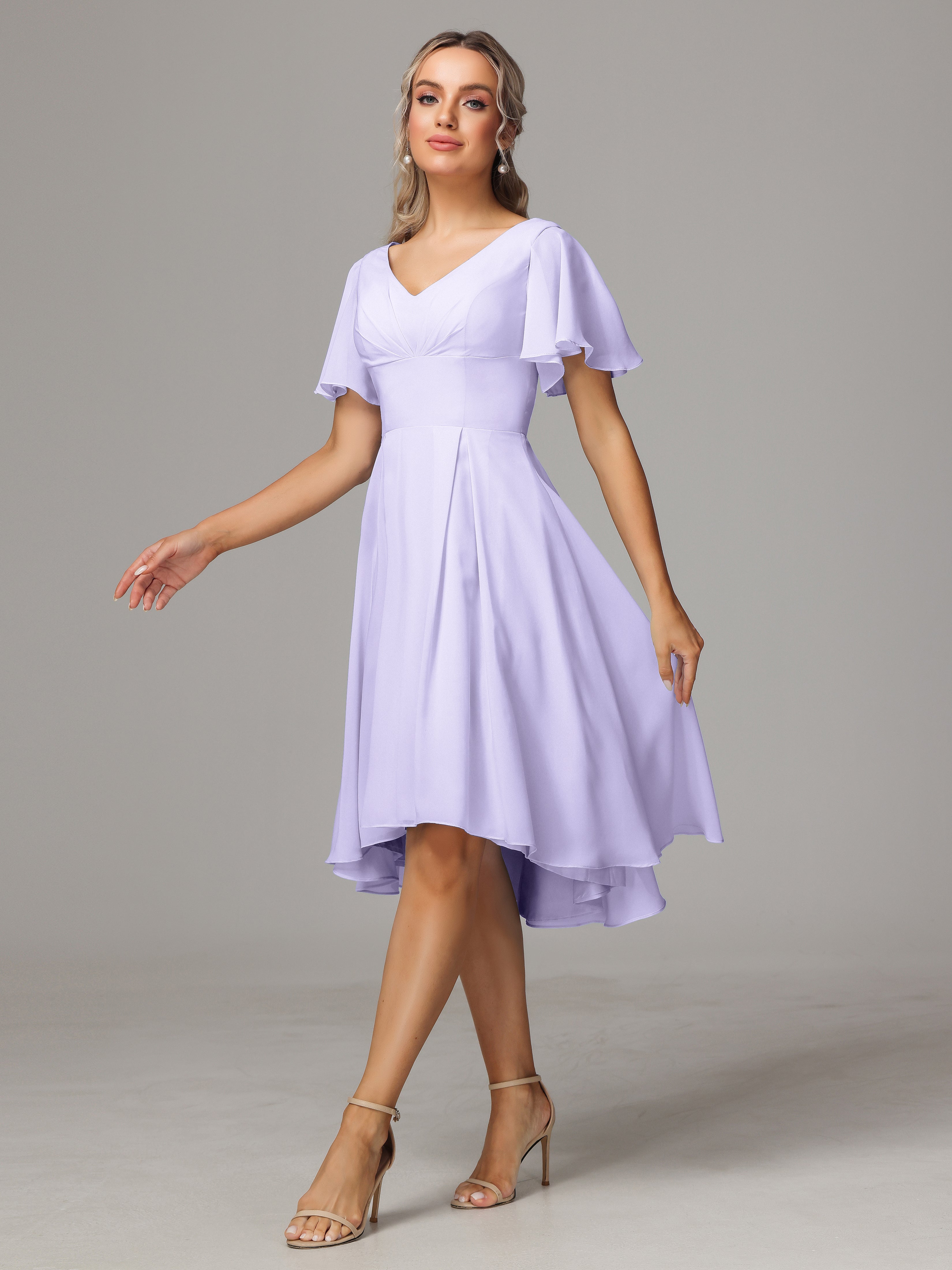 Short Sleeves V Neck Knee Length Chiffon Bridesmaid Dresses