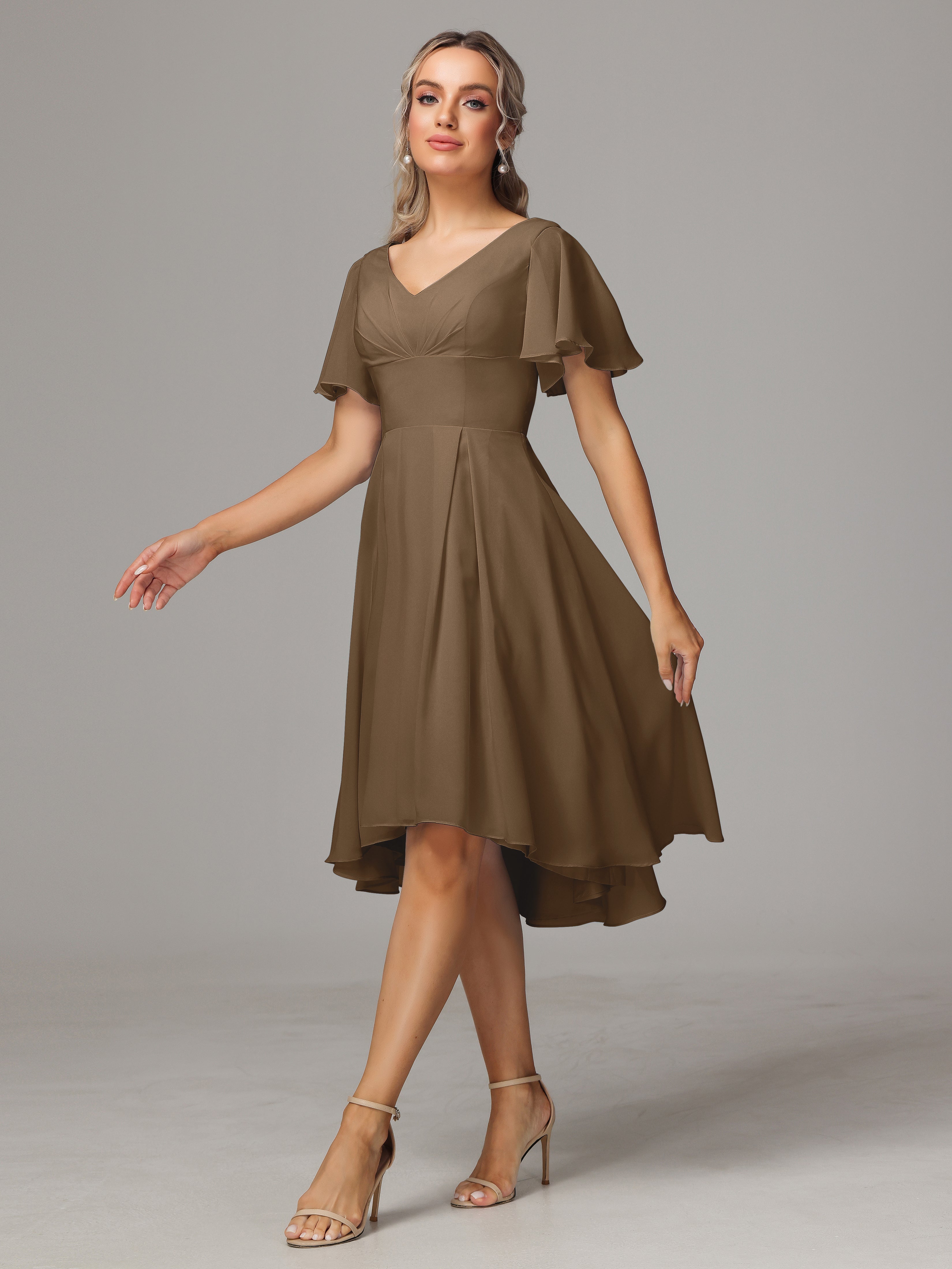 Short Sleeves V Neck Knee Length Chiffon Bridesmaid Dresses