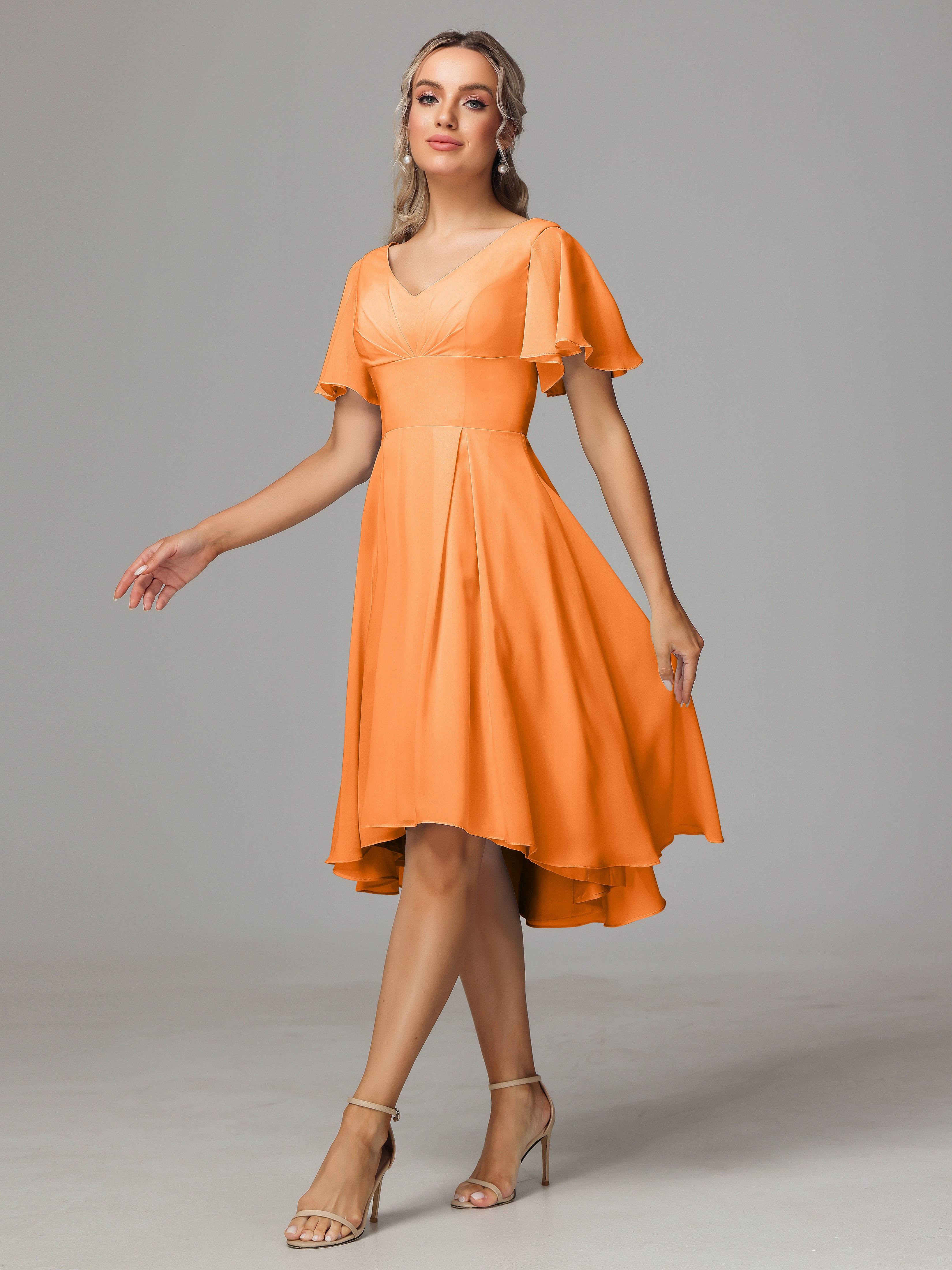 Short Sleeves V Neck Knee Length Chiffon Bridesmaid Dresses