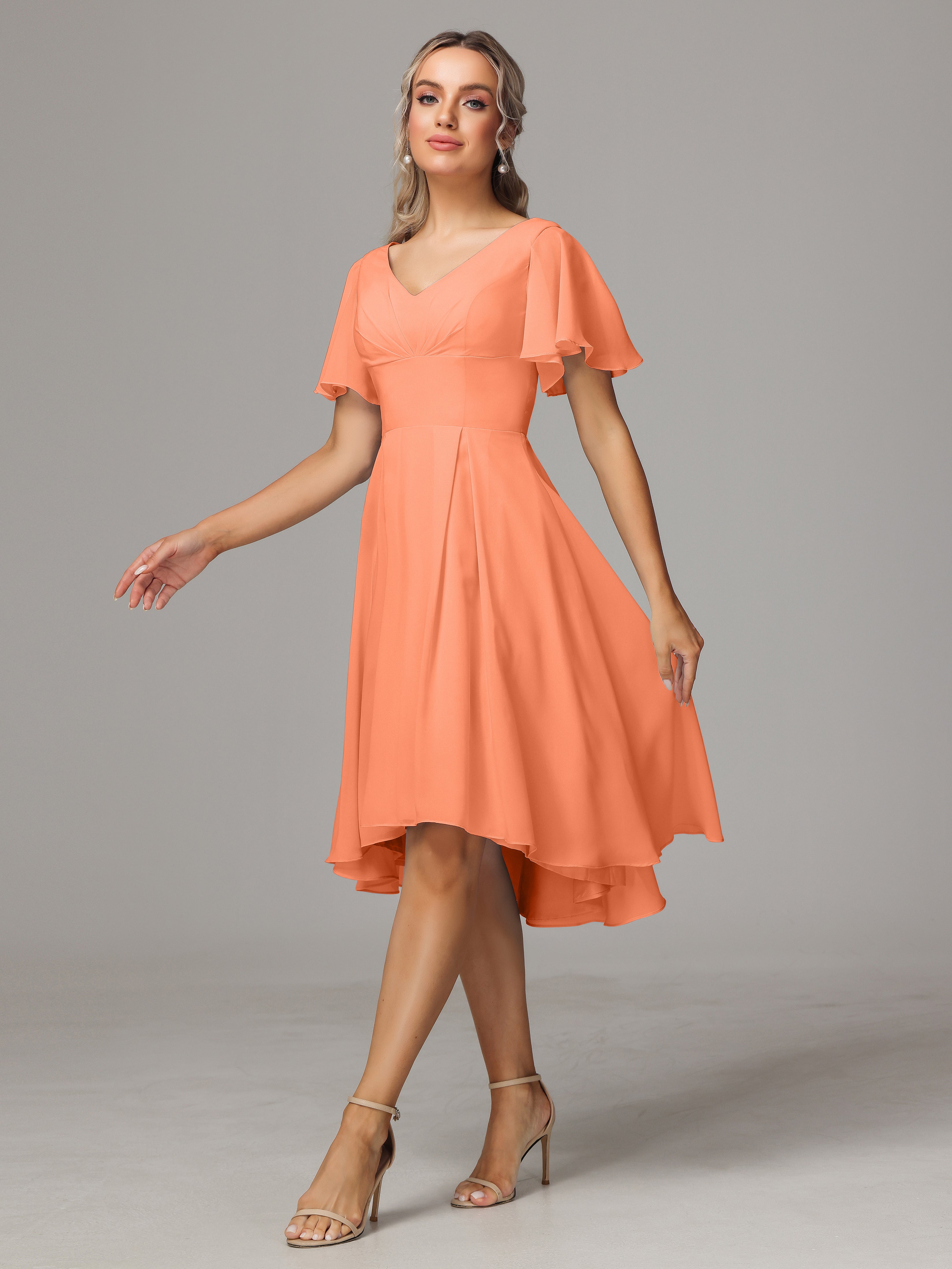 Short Sleeves V Neck Knee Length Chiffon Bridesmaid Dresses