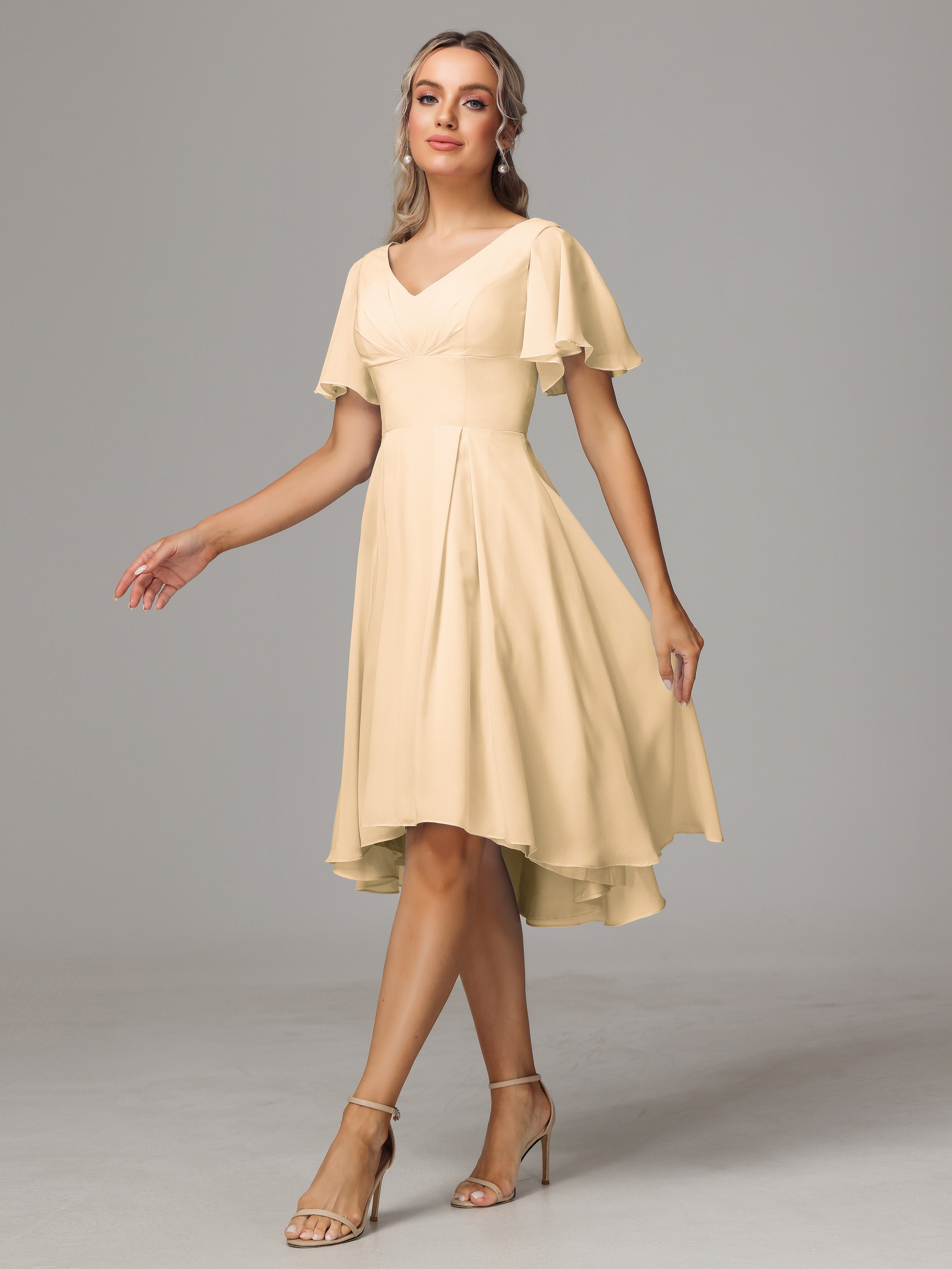 Short Sleeves V Neck Knee Length Chiffon Bridesmaid Dresses