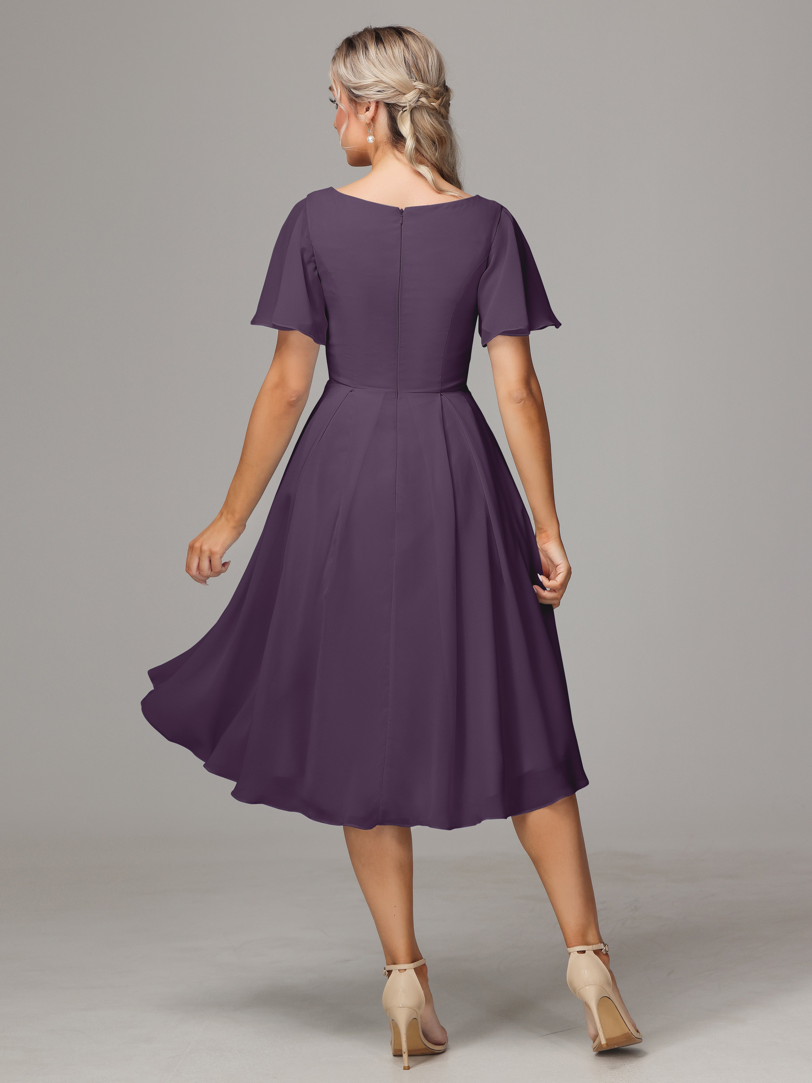 Short Sleeves V Neck Knee Length Chiffon Bridesmaid Dresses