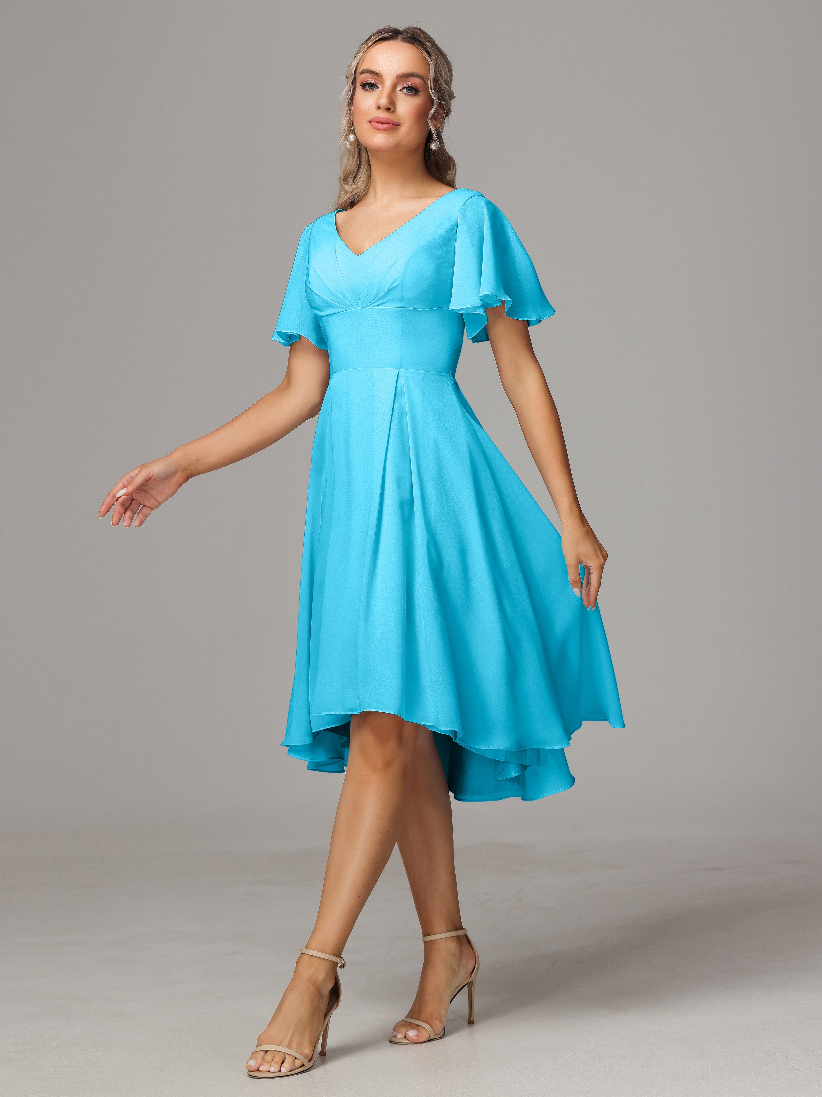 Short Sleeves V Neck Knee Length Chiffon Bridesmaid Dresses