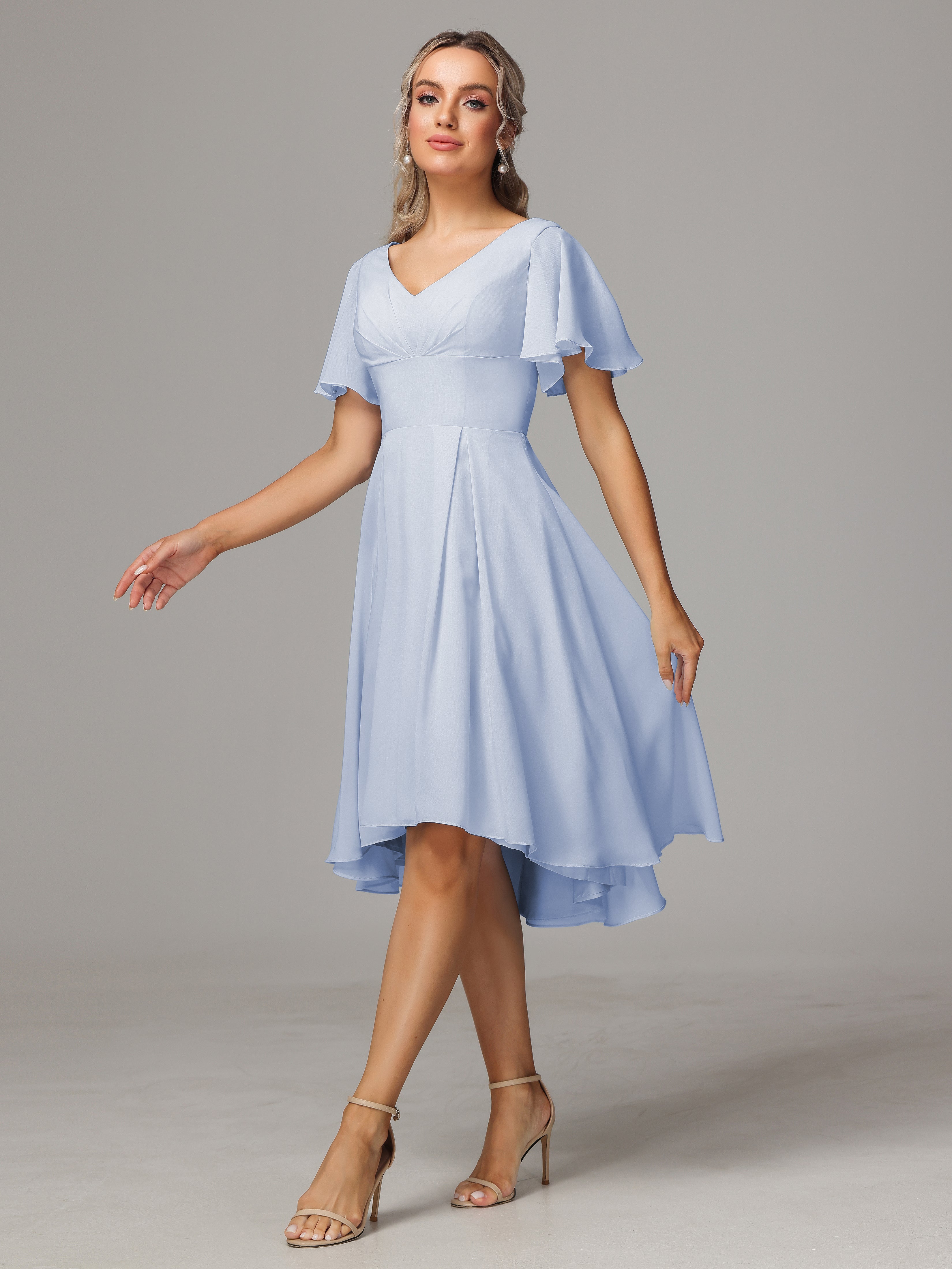 Short Sleeves V Neck Knee Length Chiffon Bridesmaid Dresses