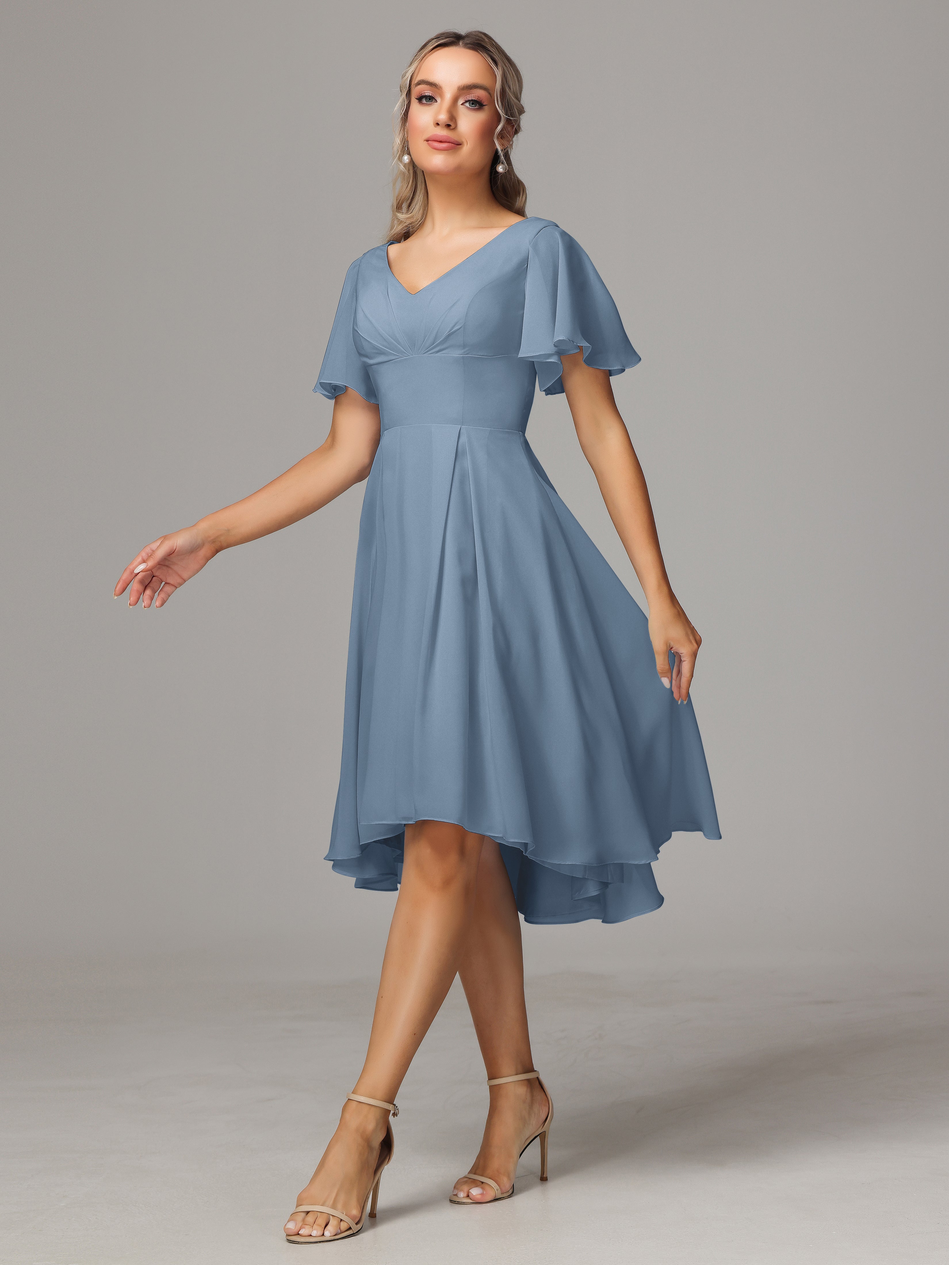 Short Sleeves V Neck Knee Length Chiffon Bridesmaid Dresses