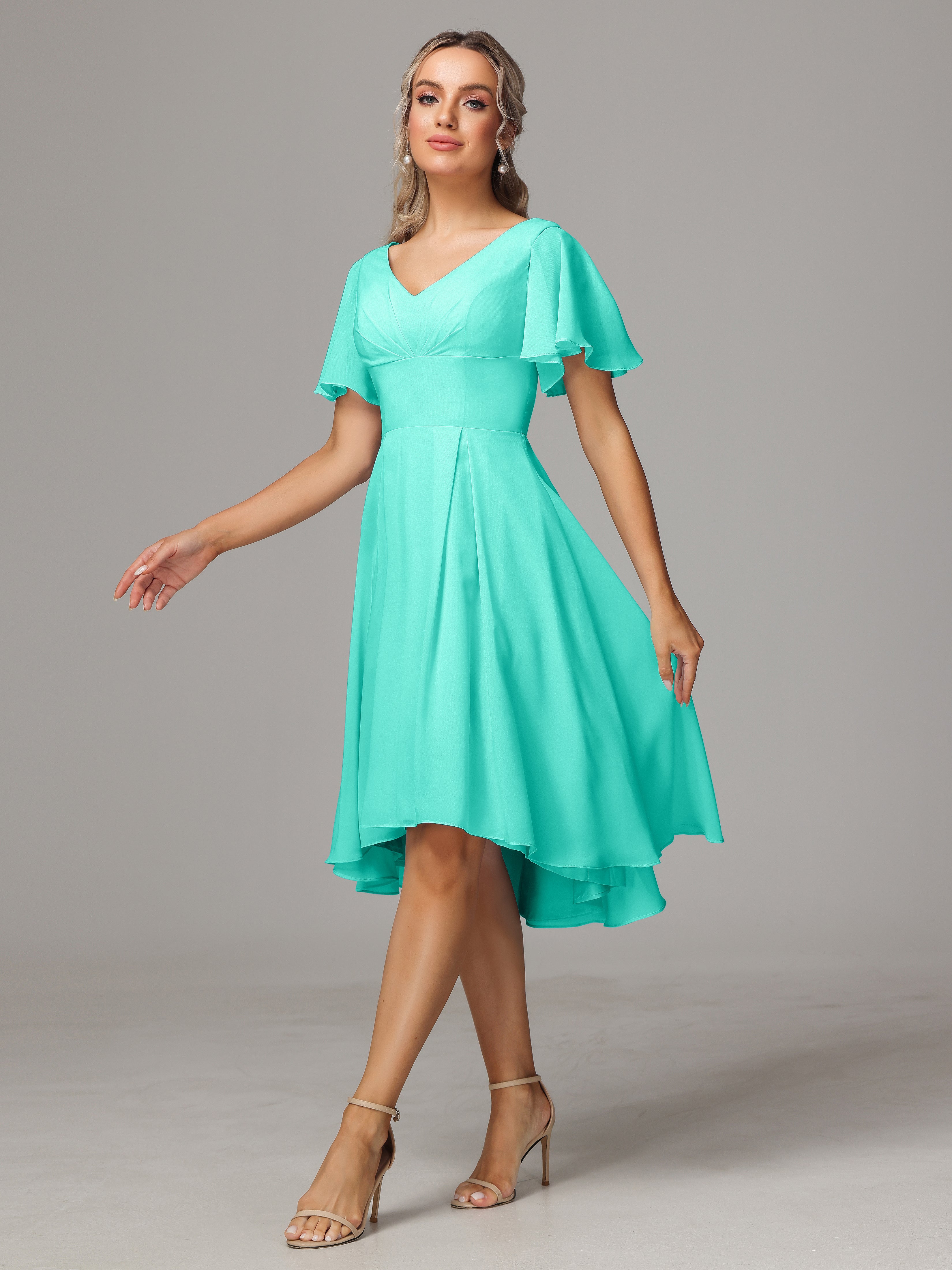 Short Sleeves V Neck Knee Length Chiffon Bridesmaid Dresses