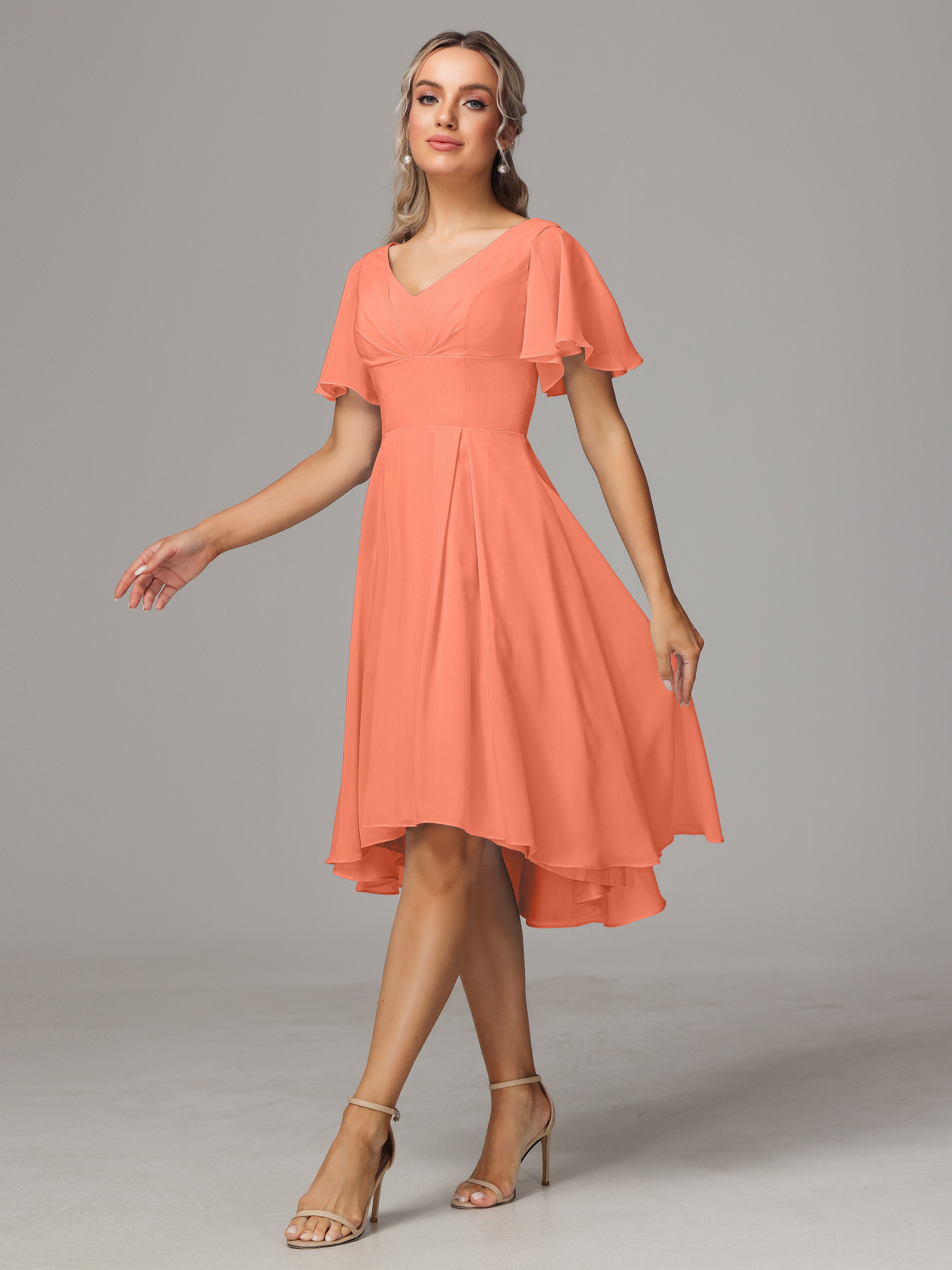 Short Sleeves V Neck Knee Length Chiffon Bridesmaid Dresses