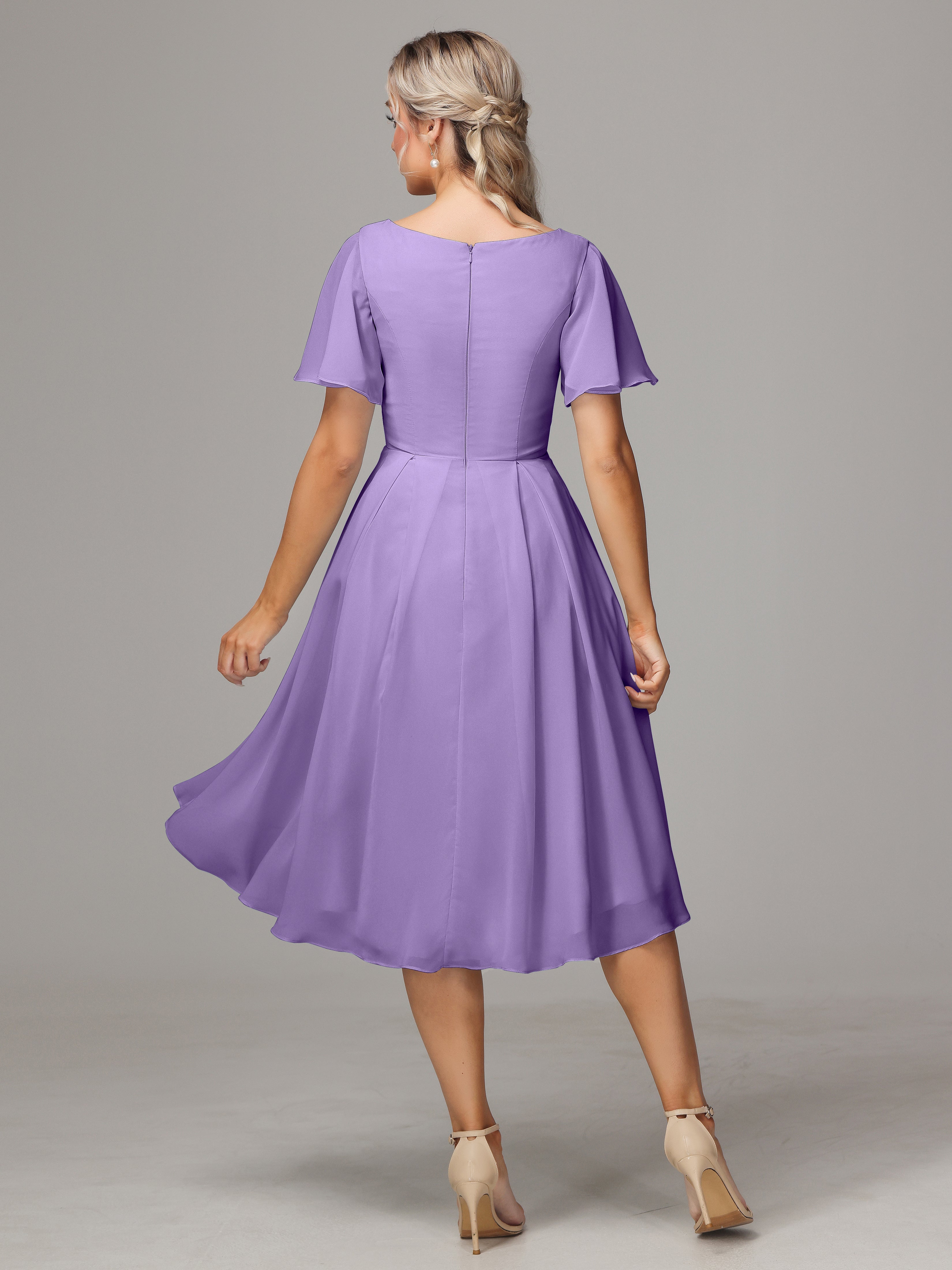 Short Sleeves V Neck Knee Length Chiffon Bridesmaid Dresses