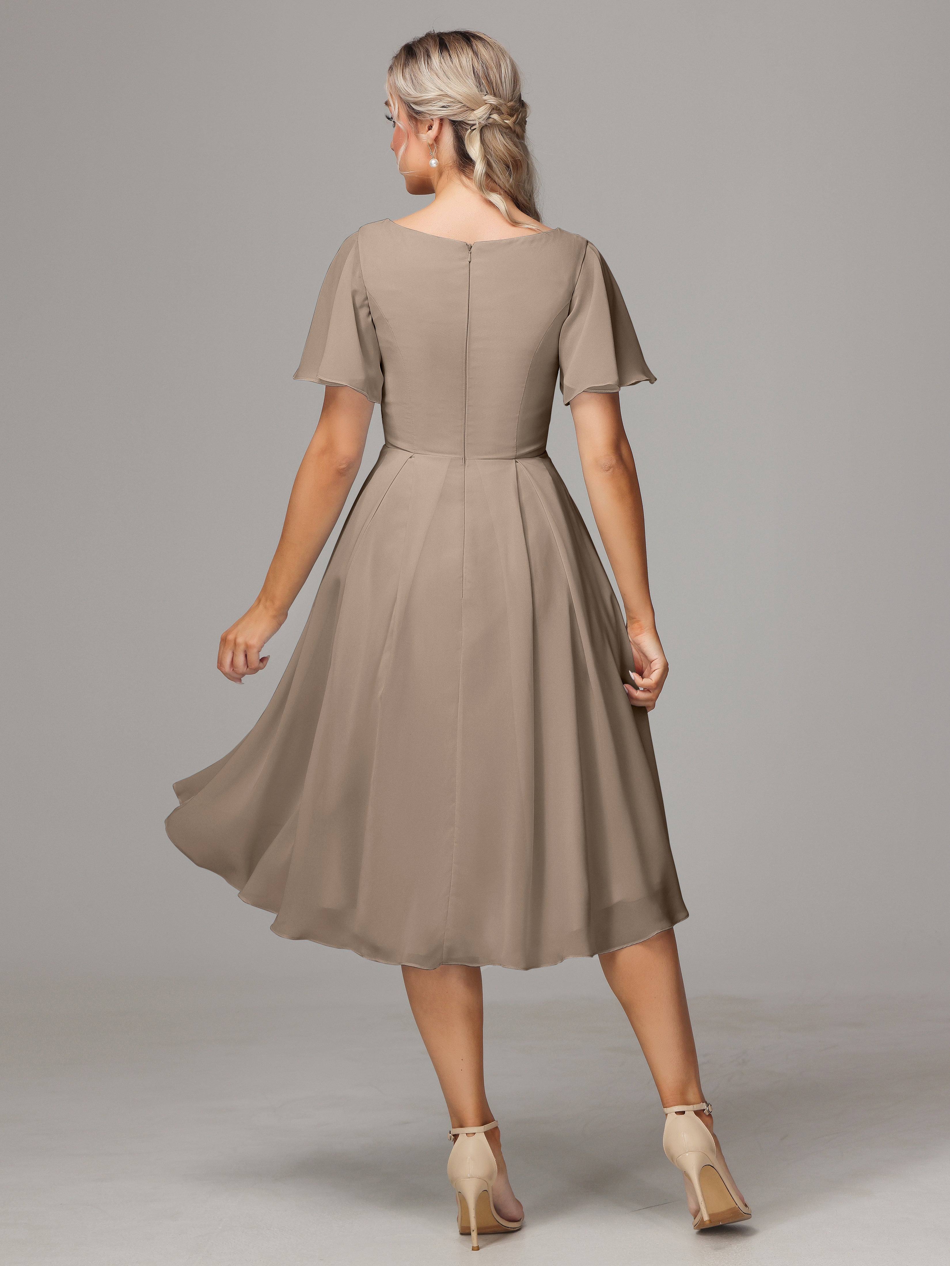 Short Sleeves V Neck Knee Length Chiffon Bridesmaid Dresses