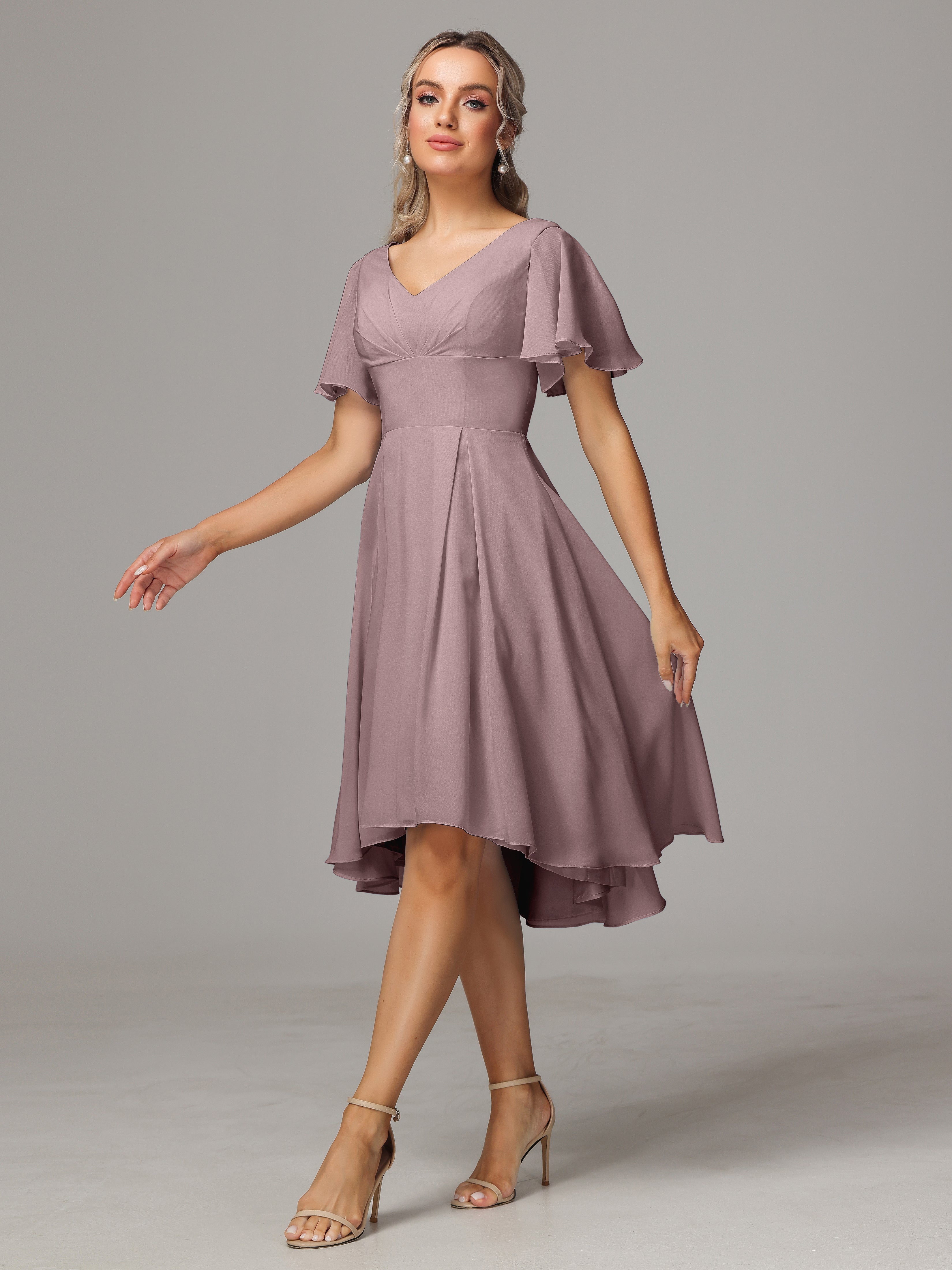 Short Sleeves V Neck Knee Length Chiffon Bridesmaid Dresses