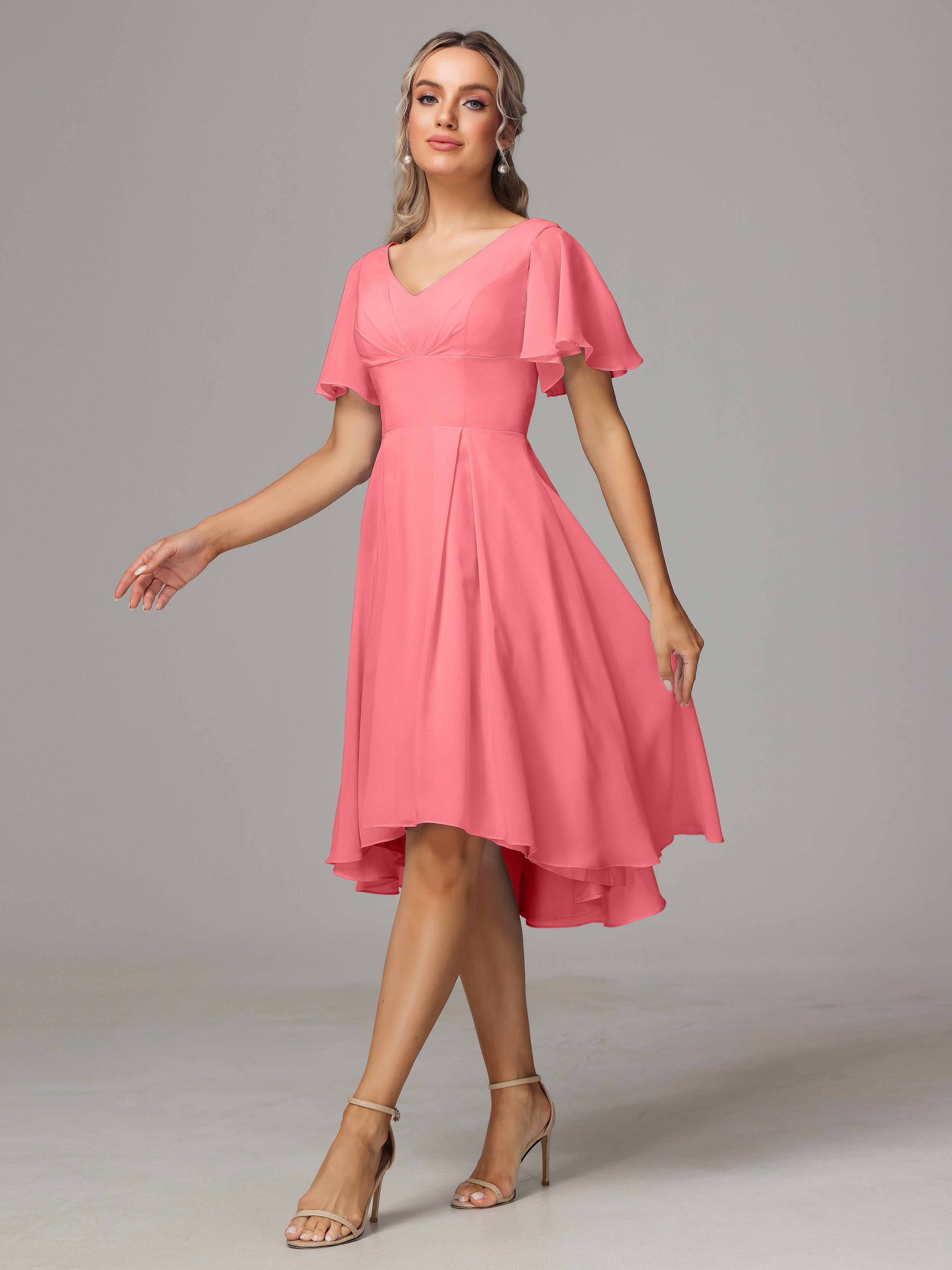 Short Sleeves V Neck Knee Length Chiffon Bridesmaid Dresses