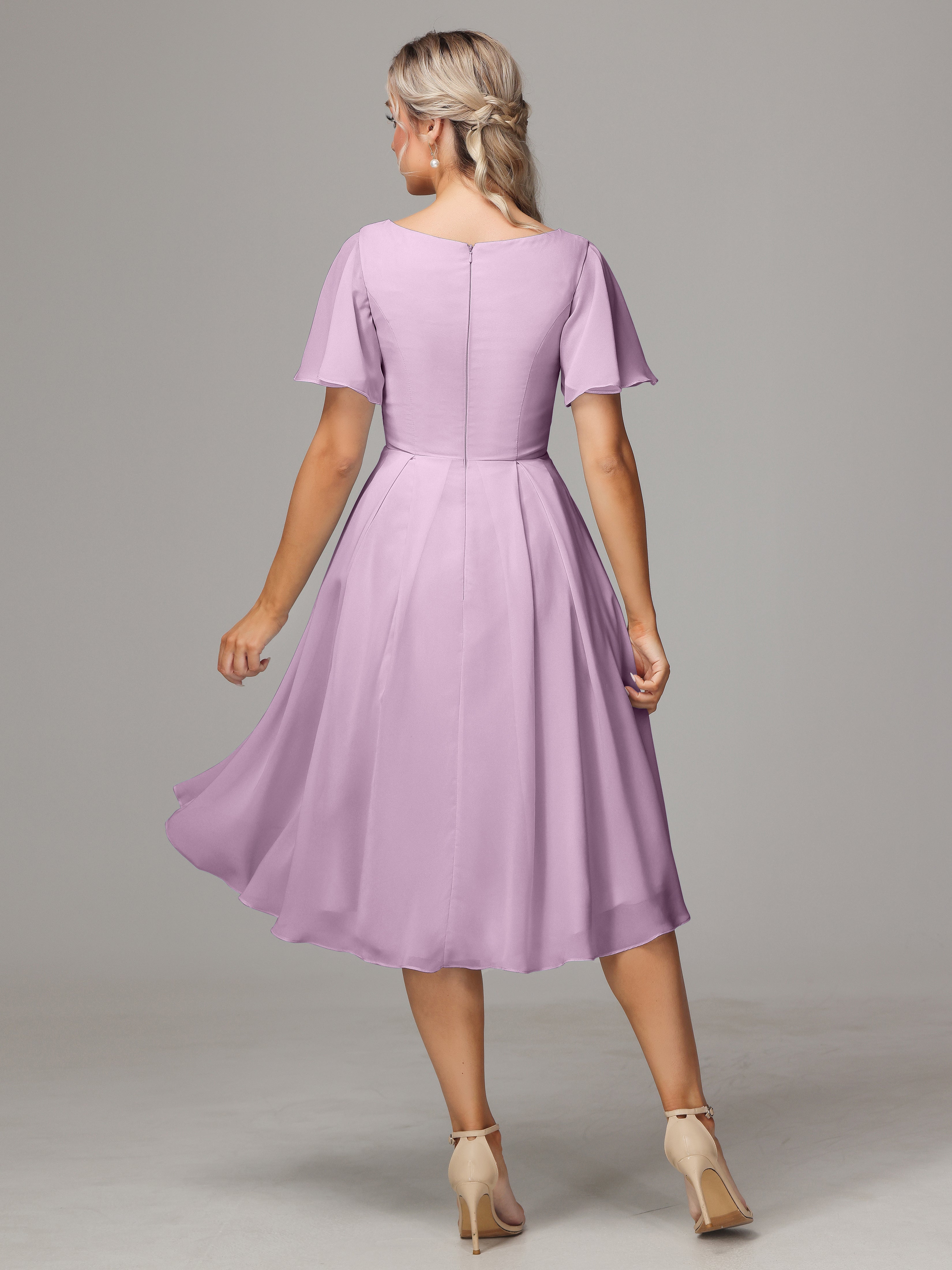 Short Sleeves V Neck Knee Length Chiffon Bridesmaid Dresses