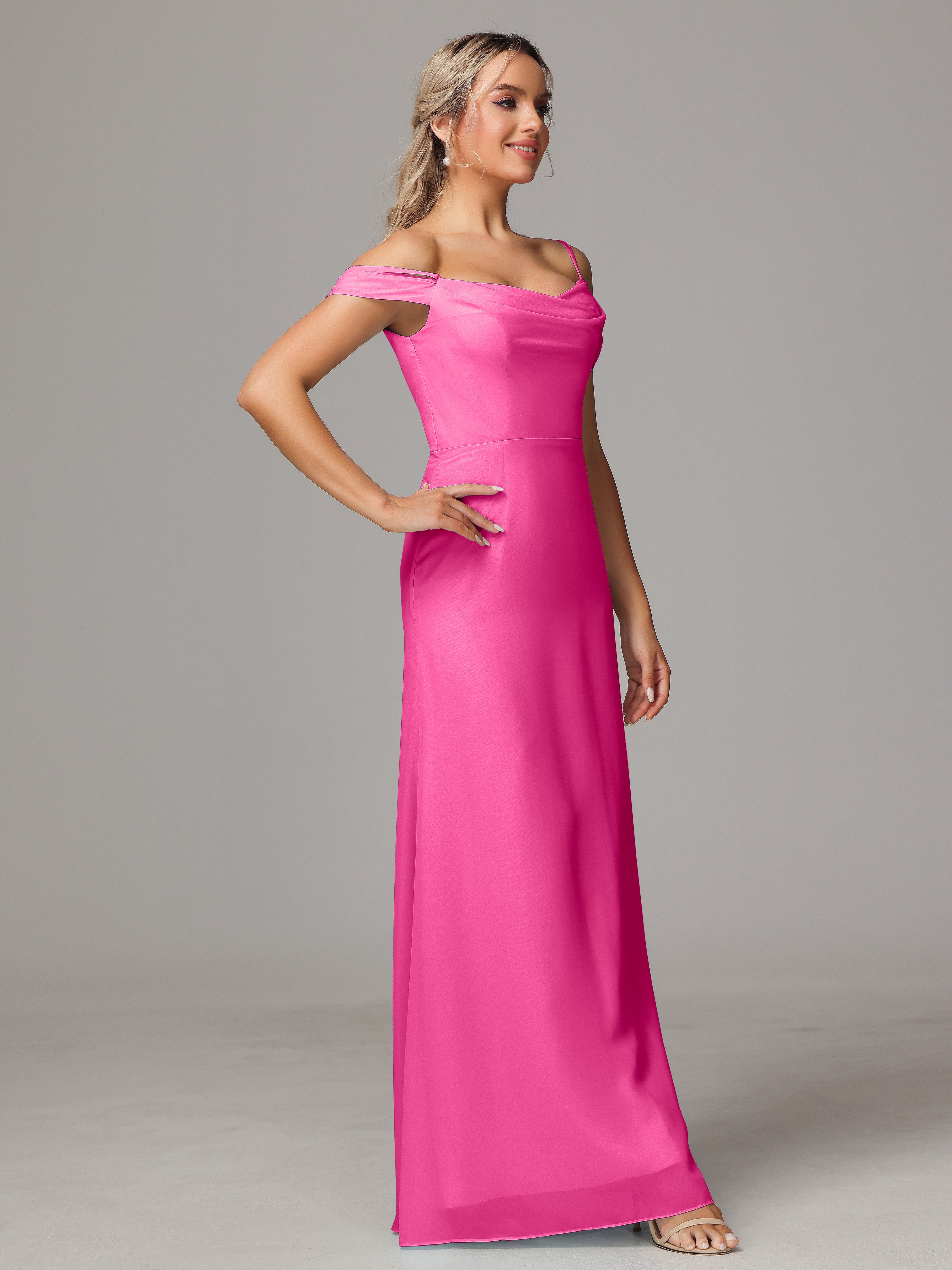 Spaghetti Straps Off The Shoulder Chiffon Bridesmaid Dress With Slit