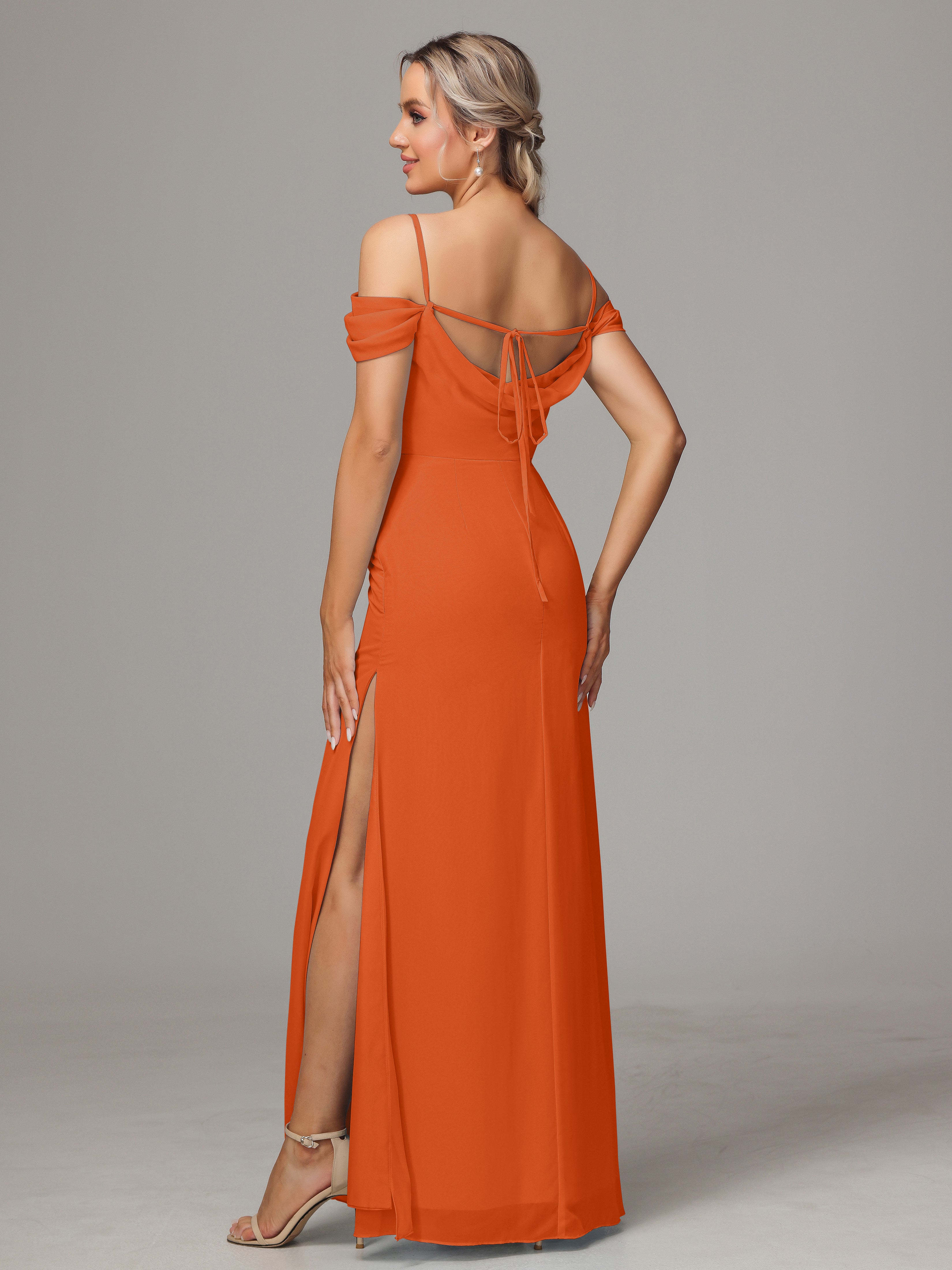 Spaghetti Straps Off The Shoulder Chiffon Bridesmaid Dress With Slit