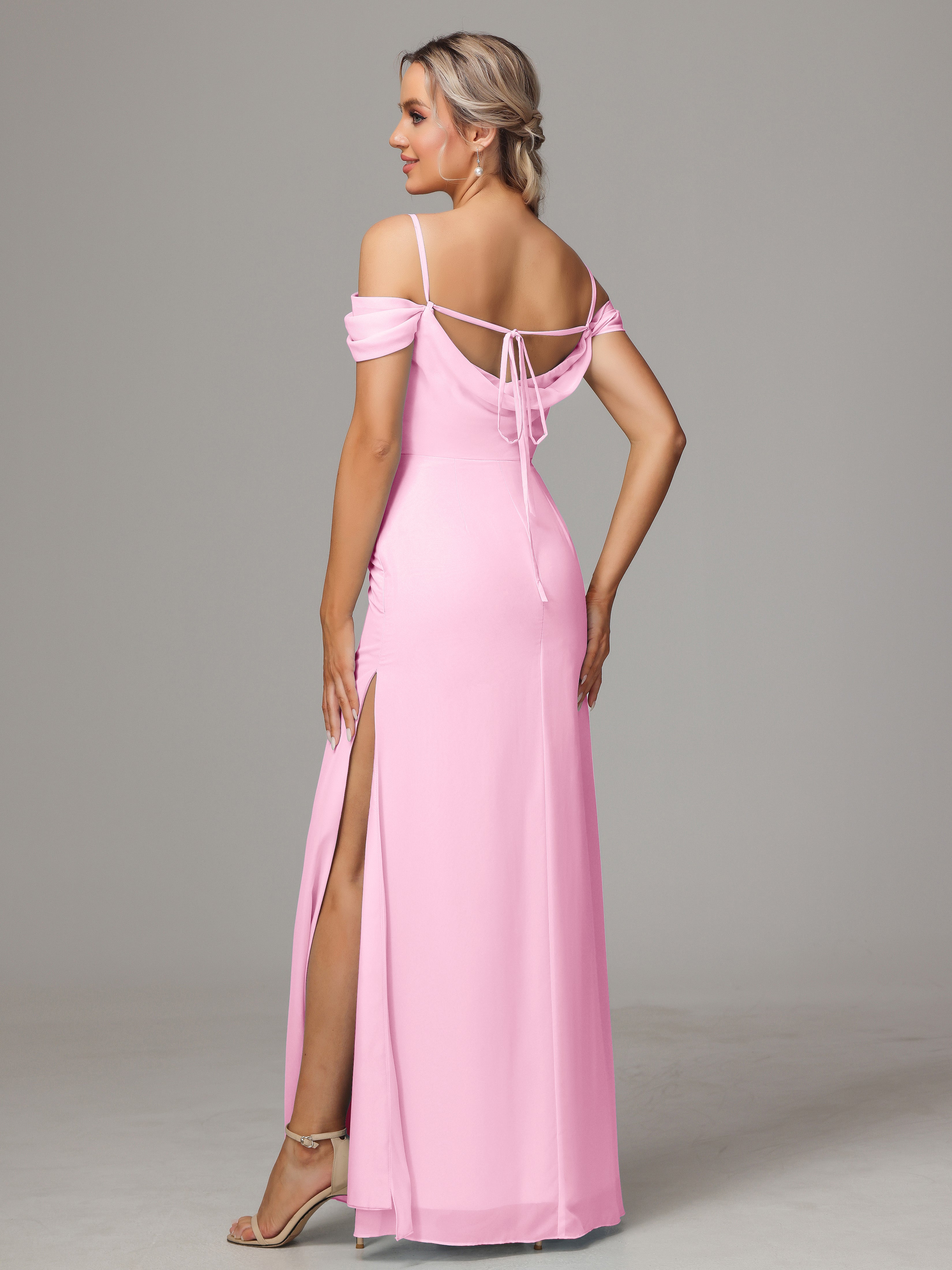 Spaghetti Straps Off The Shoulder Chiffon Bridesmaid Dress With Slit